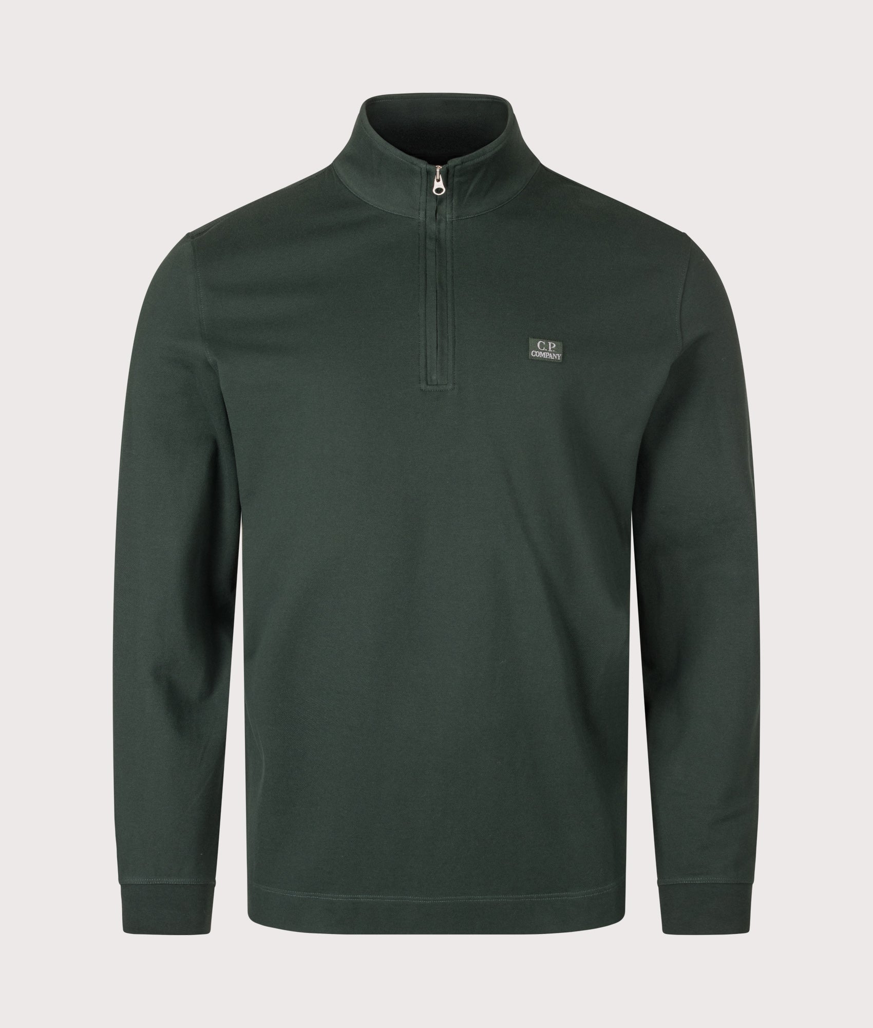 C.P. Company Stretch Piquet Quarter Zip Sweatshirt in Ponderosa Pine at EQVVS Menswear. Front shot.
