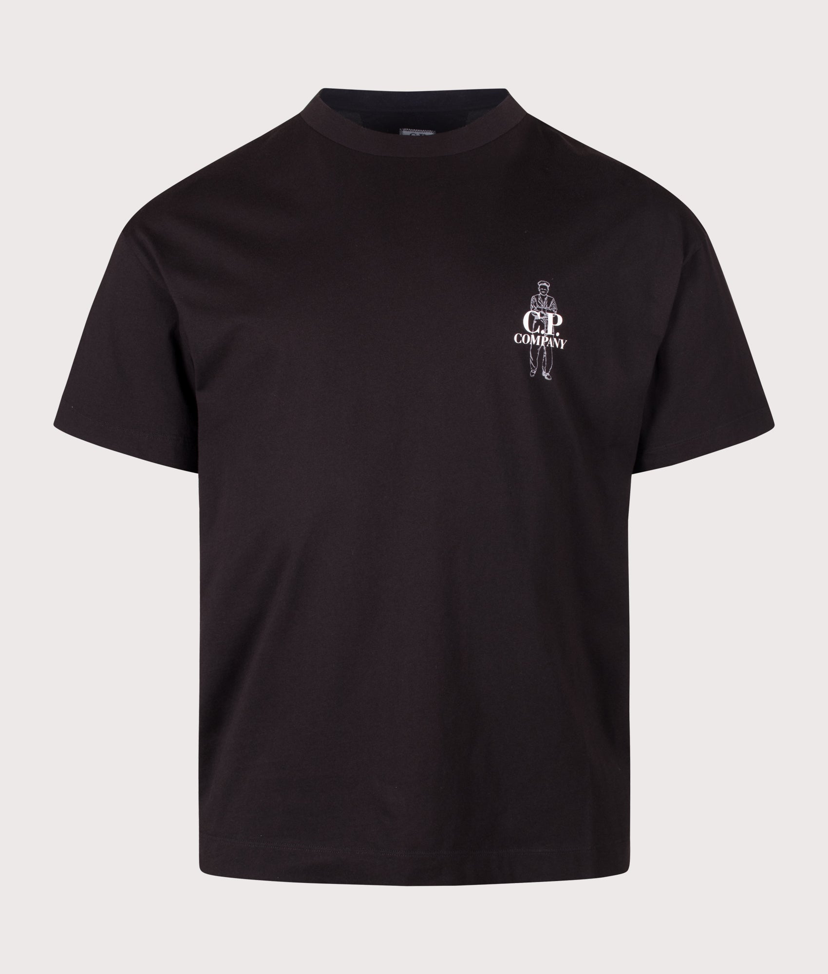 C.P. Company Comfort Fit 30/1 Jersey Logo T-Shirt in Black at EQVVS Menswear. Front shot.