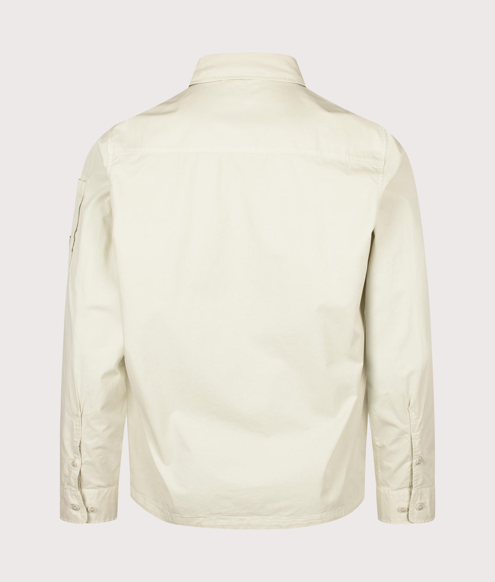 C.P. Company Organic Gabardine Zipped Lens Overshirt in Silver Birch at EQVVS Menswear. Back shot.
