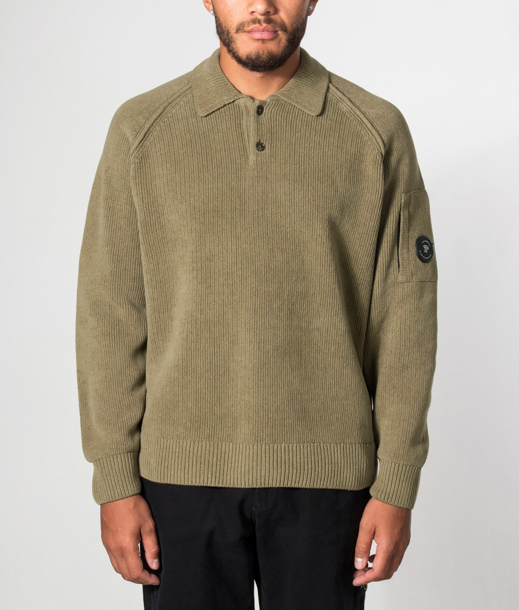 C.P. Company Chenille Cotton Polo Jumper in Ermine at EQVVS Menswear. Model front shot.