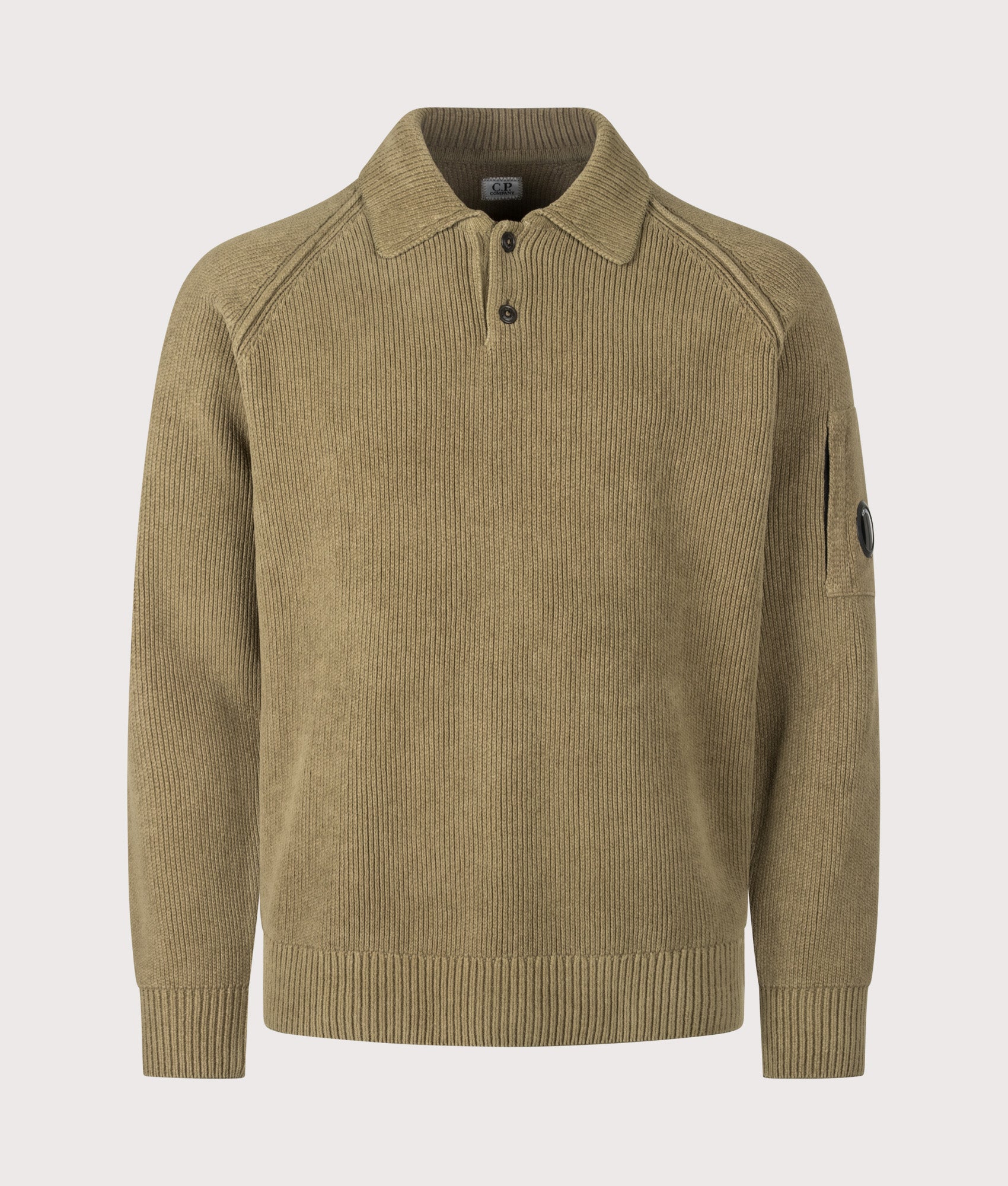 C.P. Company Chenille Cotton Polo Jumper in Ermine at EQVVS Menswear. Front shot.