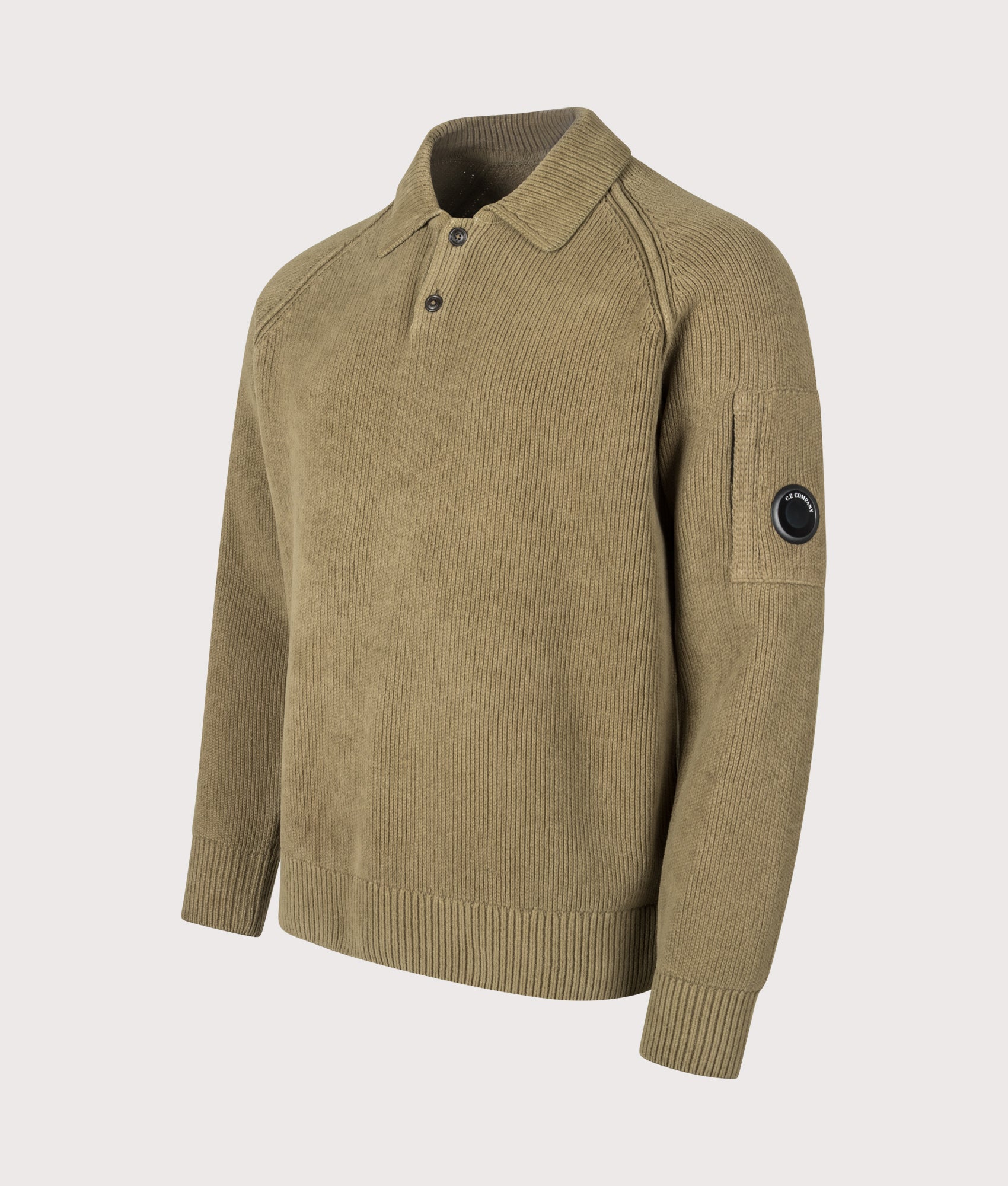 C.P. Company Chenille Cotton Polo Jumper in Ermine at EQVVS Menswear. Angled front shot.