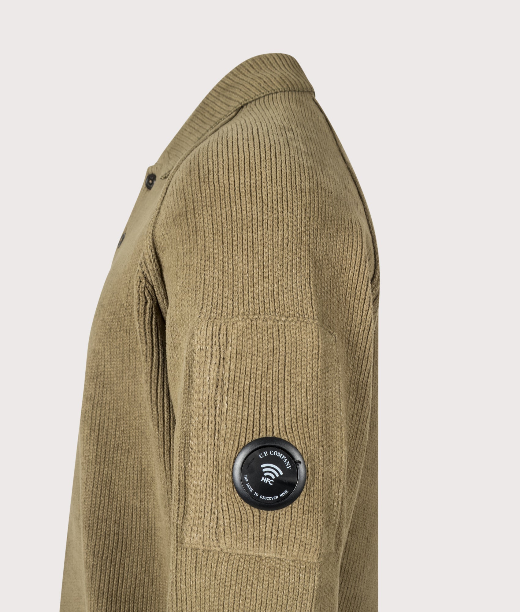 C.P. Company Chenille Cotton Polo Jumper in Ermine at EQVVS Menswear. NFC Detail shot.