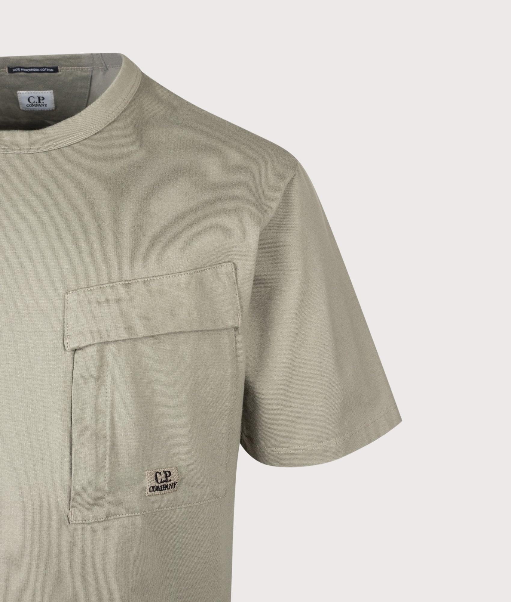 C.P. Company 30/2 Mercerized Jersey Twisted Pocket T-Shirt in Fallen Rock at EQVVS Menswear. Detail shot.