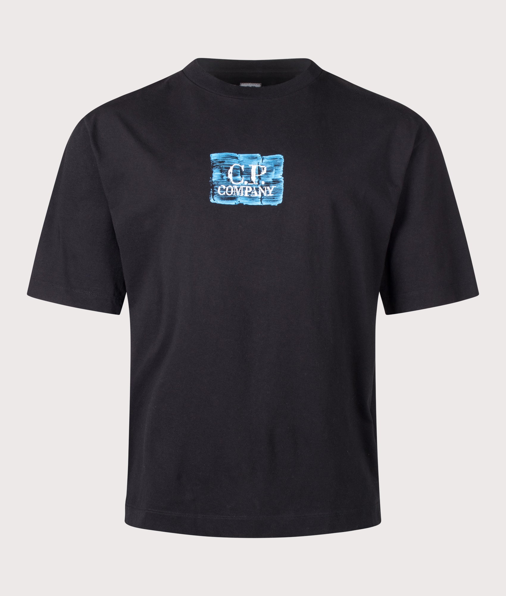C.P. Company 30/1 Jersey Chest-Back Logo T-Shirt in Black at EQVVS Menswear. Front shot.