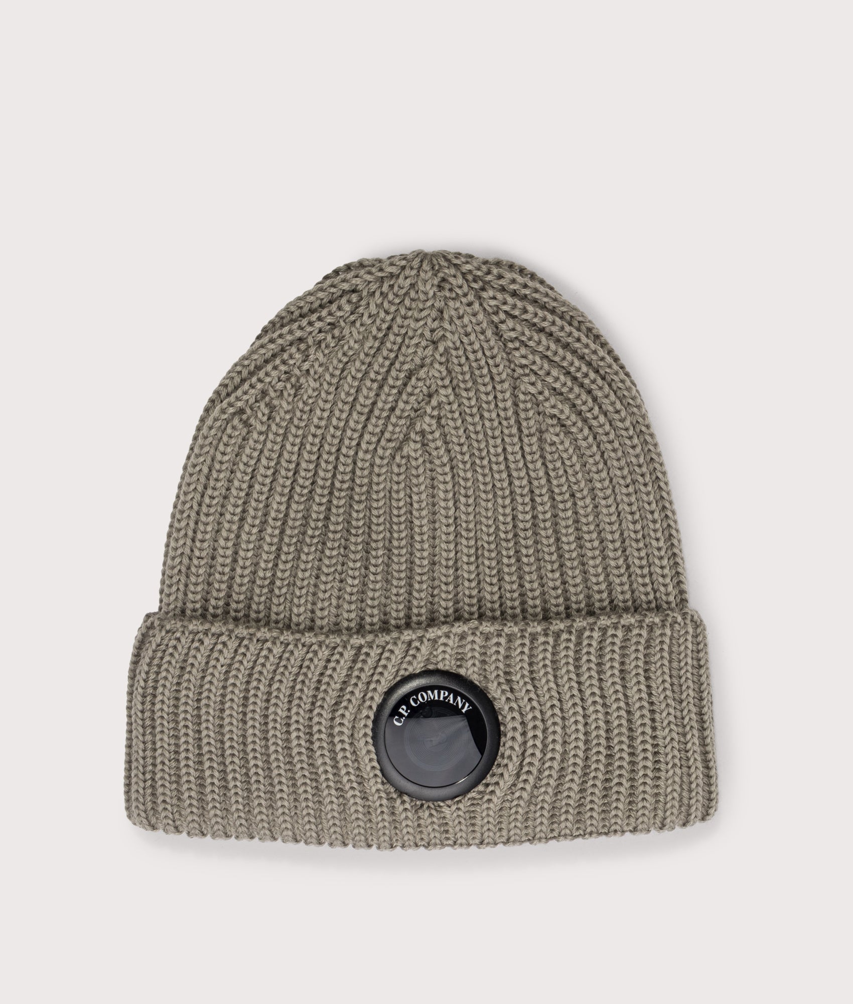 C.P. Company Extrafine Merino Wool Lens Beanie in Fallen Rock at EQVVS Menswear. Front shot.
