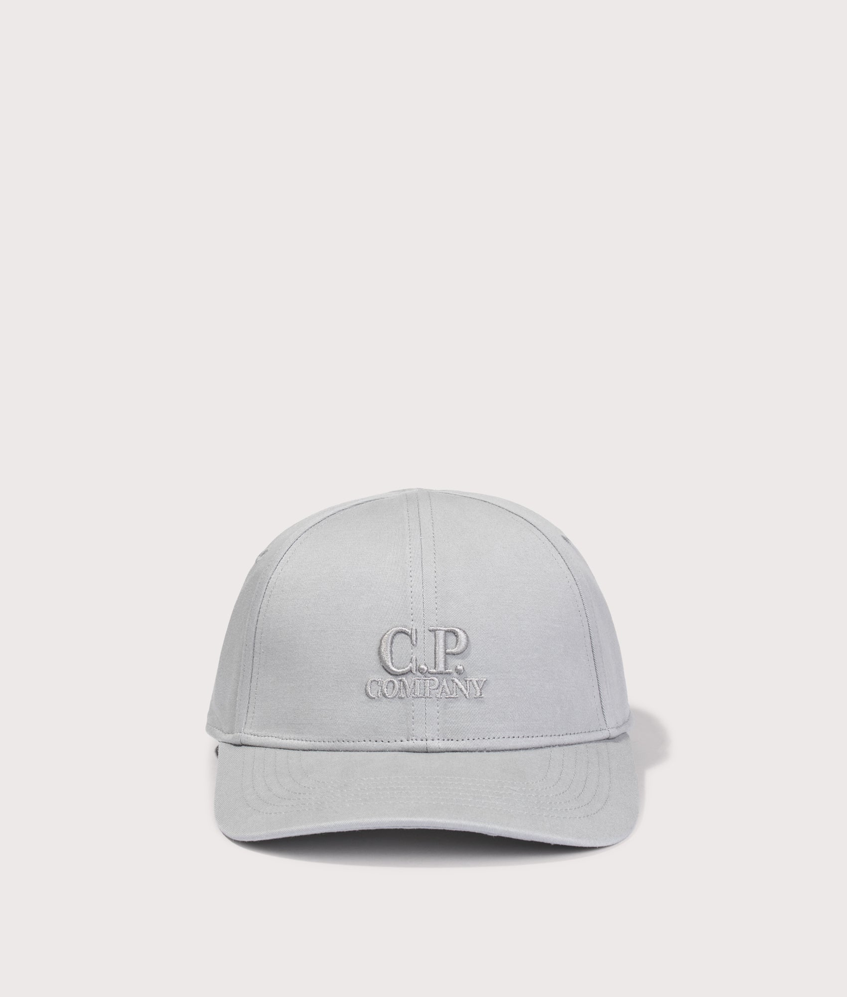 C.P. Company Gabardine Logo Cap in Flint Grey at EQVVS Menswear. Front shot.