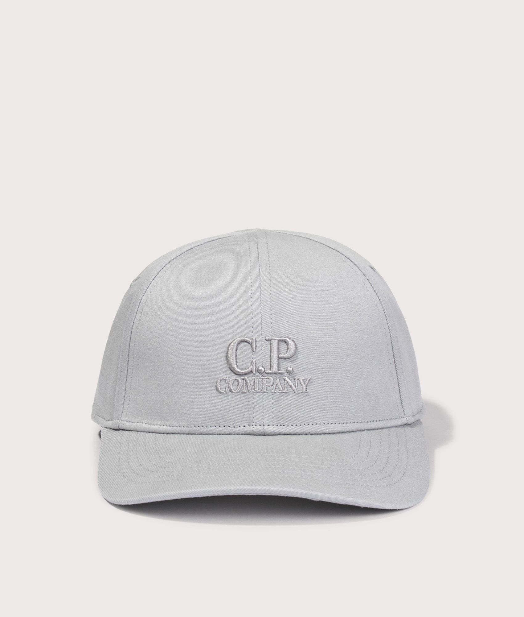 C.P. Company Gabardine Logo Cap in Flint Grey at EQVVS Menswear. Front shot.