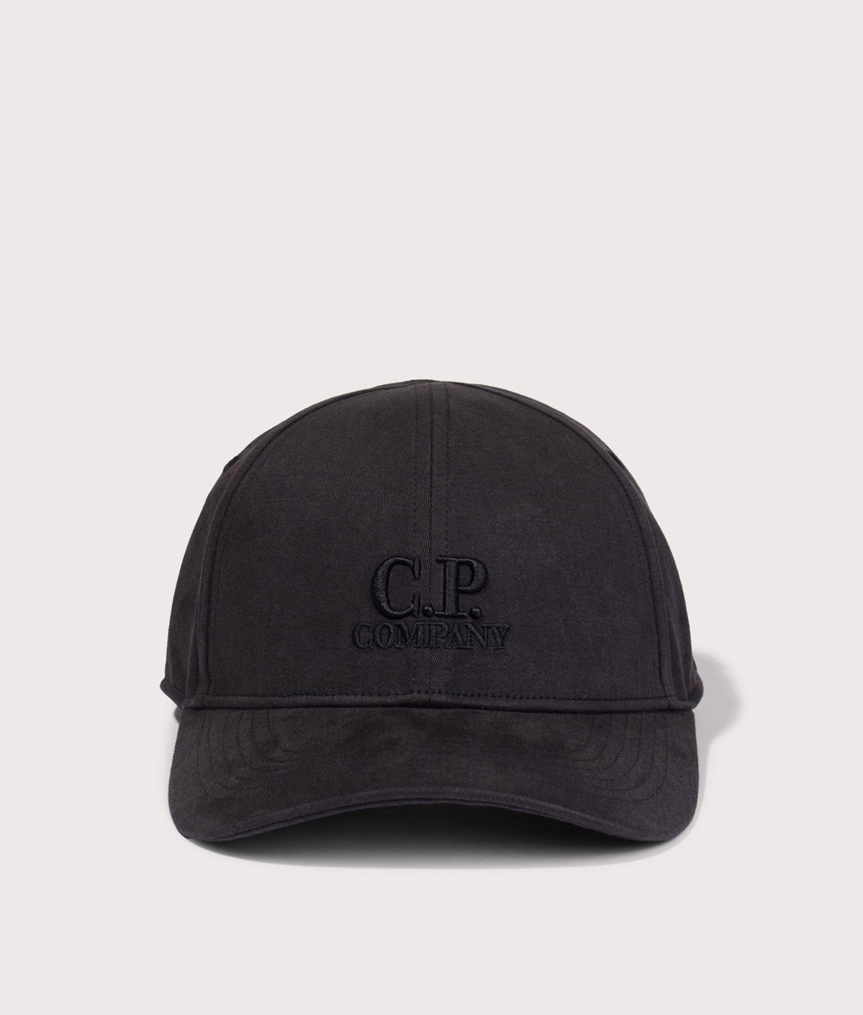 C.P. Company  Gabardine Logo Cap in Black at EQVVS Menswear. Front shot.