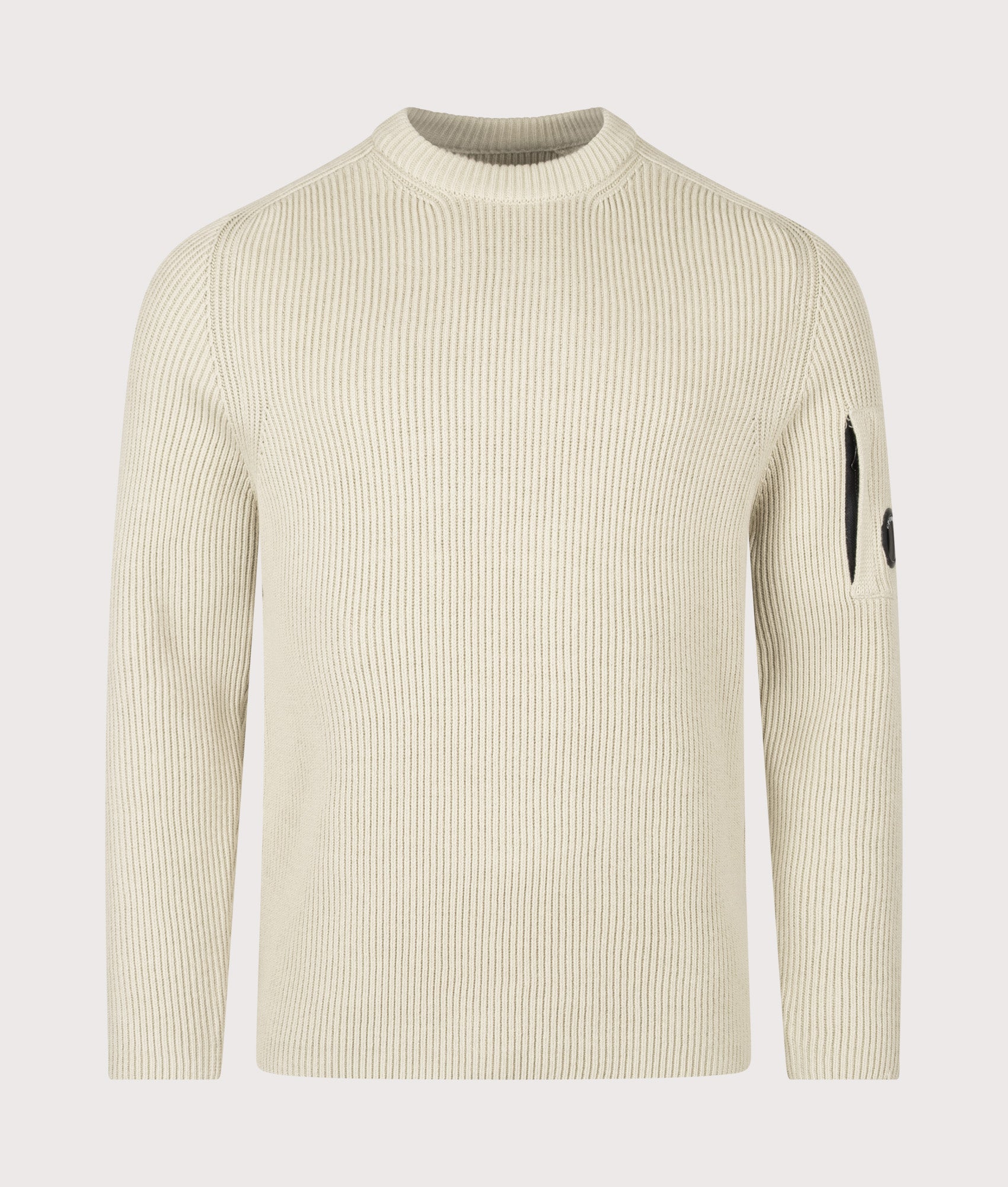 C.P. Company Full Rib Cotton Crewneck Lens Jumper in Silver Birch at EQVVS Menswear. Front shot.