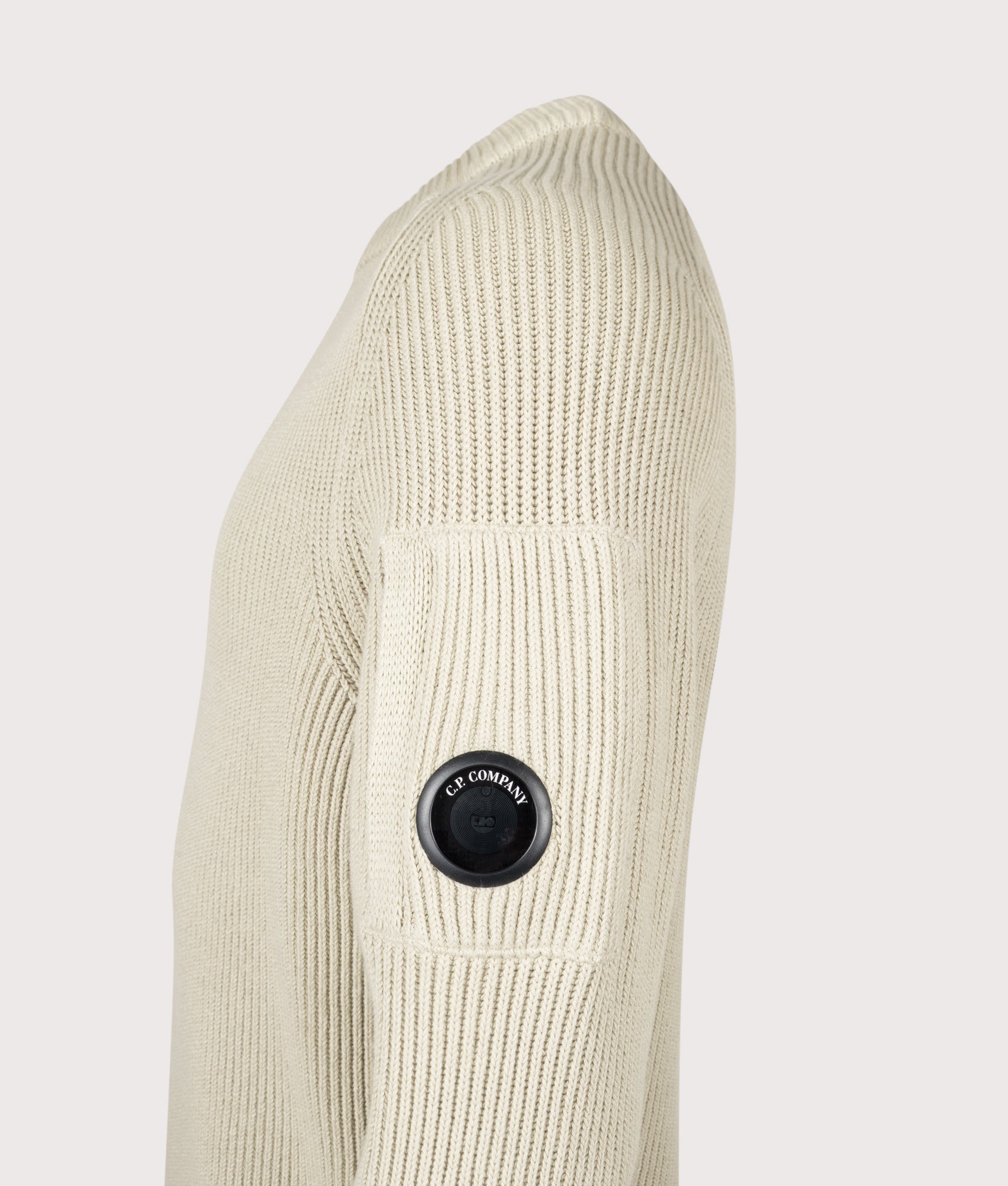C.P. Company Full Rib Cotton Crewneck Lens Jumper in Silver Birch at EQVVS Menswear. Detail shot.