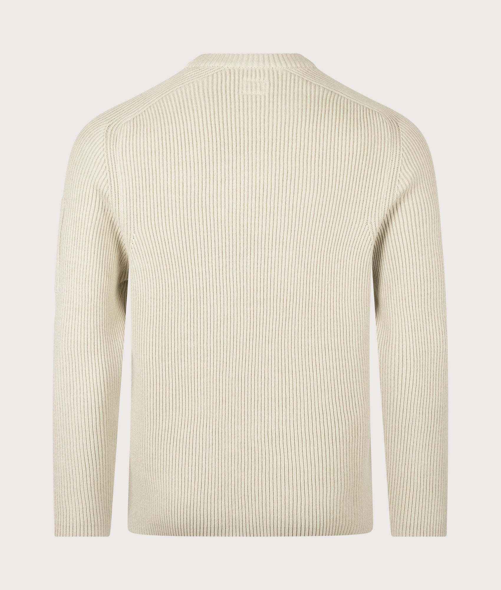 C.P. Company Full Rib Cotton Crewneck Lens Jumper in Silver Birch at EQVVS Menswear. Back shot.