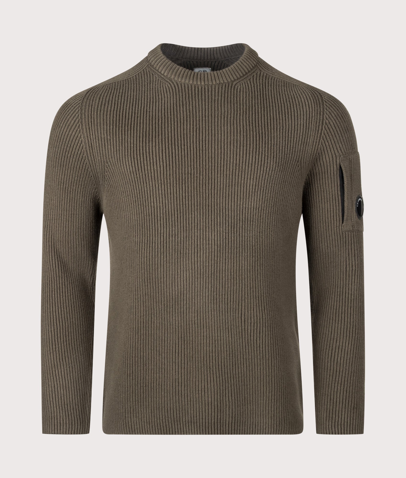 C.P. Company Full Rib Cotton Crewneck Lens Jumper in Ivy Green at EQVVS Menswear. Front shot.