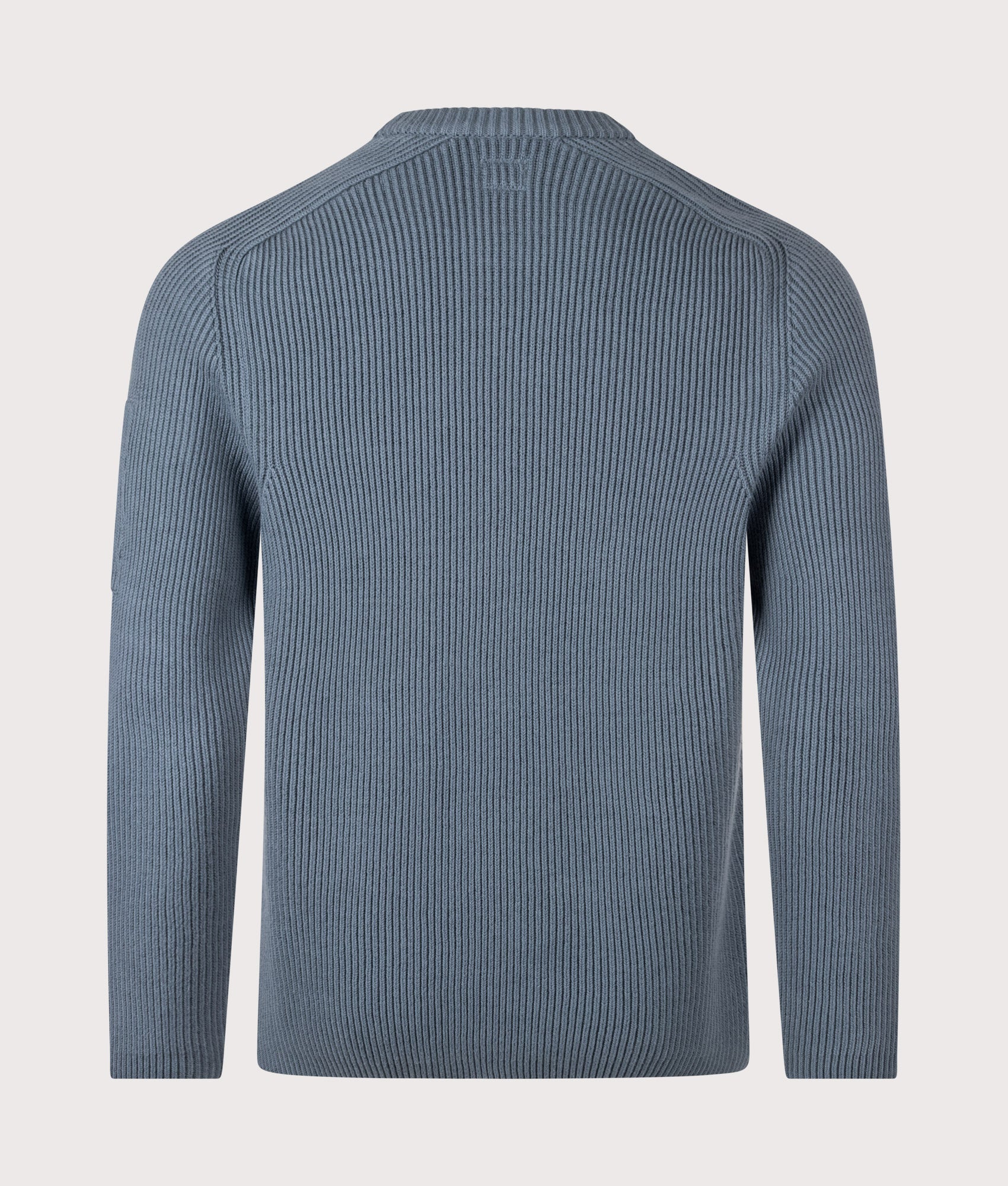 C.P. Company Full Rib Cotton Crewneck Lens Jumper in Orion Blue at EQVVS Menswear. Back shot.