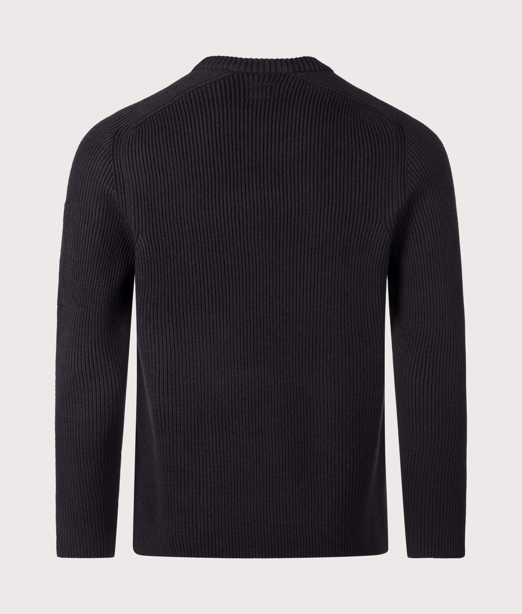 C.P. Company Full Rib Cotton Crewneck Lens Jumper in Black at EQVVS Menswear. Back shot.