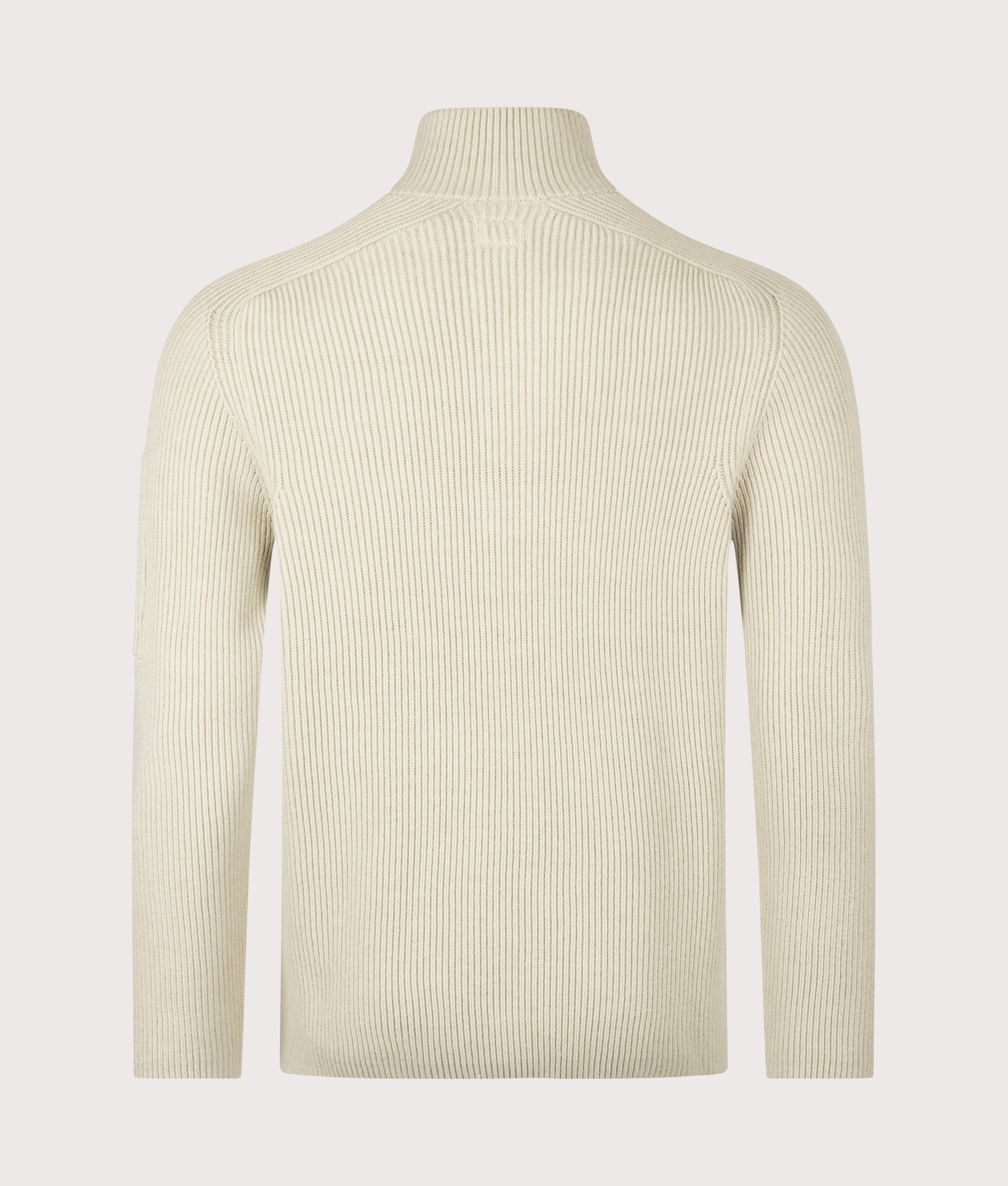C.P. Company Full Rib Cotton Half Button Lens Jumper in Silver Birch at EQVVS Menswear. Back shot.