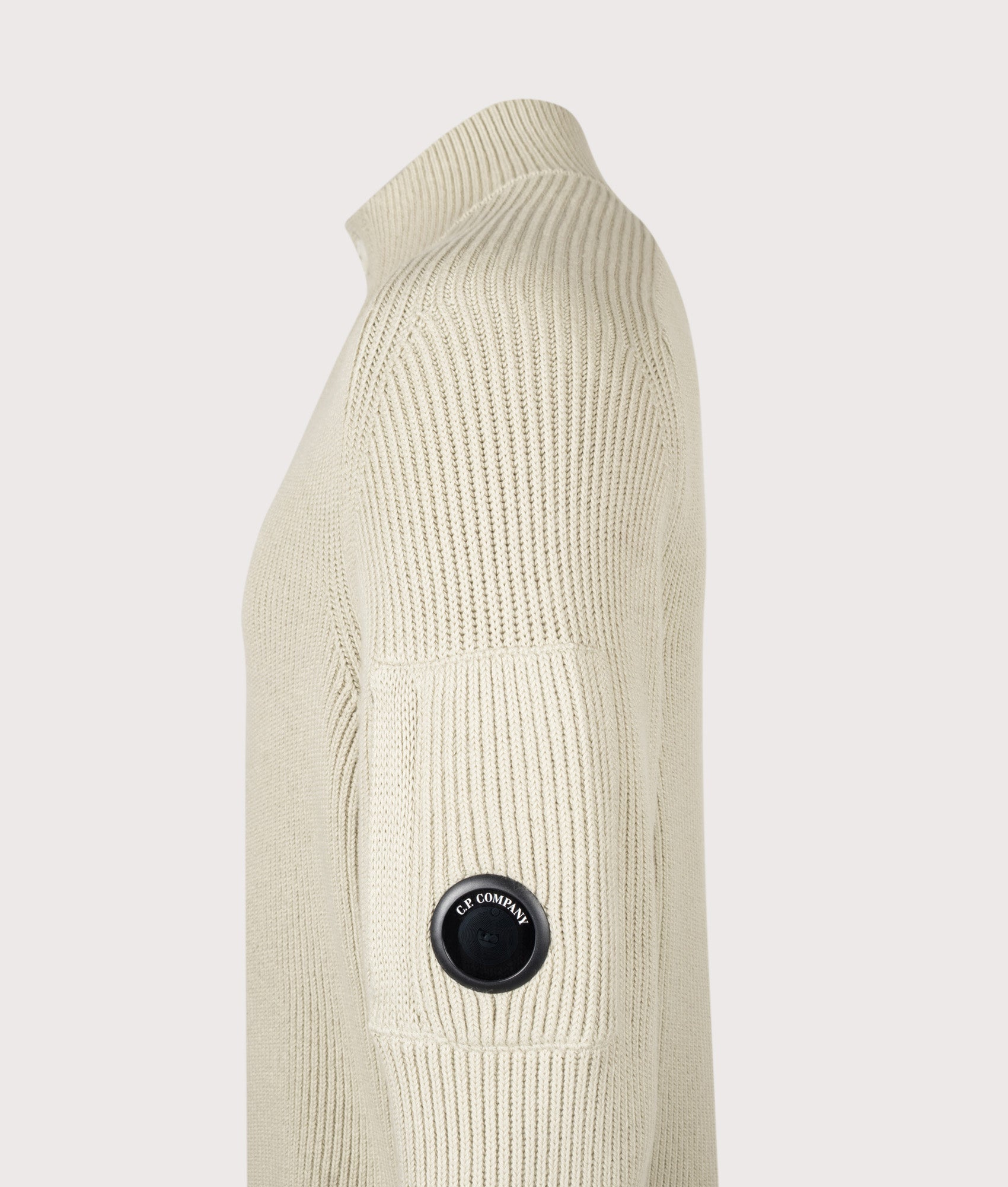 C.P. Company Full Rib Cotton Half Button Lens Jumper in Silver Birch at EQVVS Menswear. Front shot.