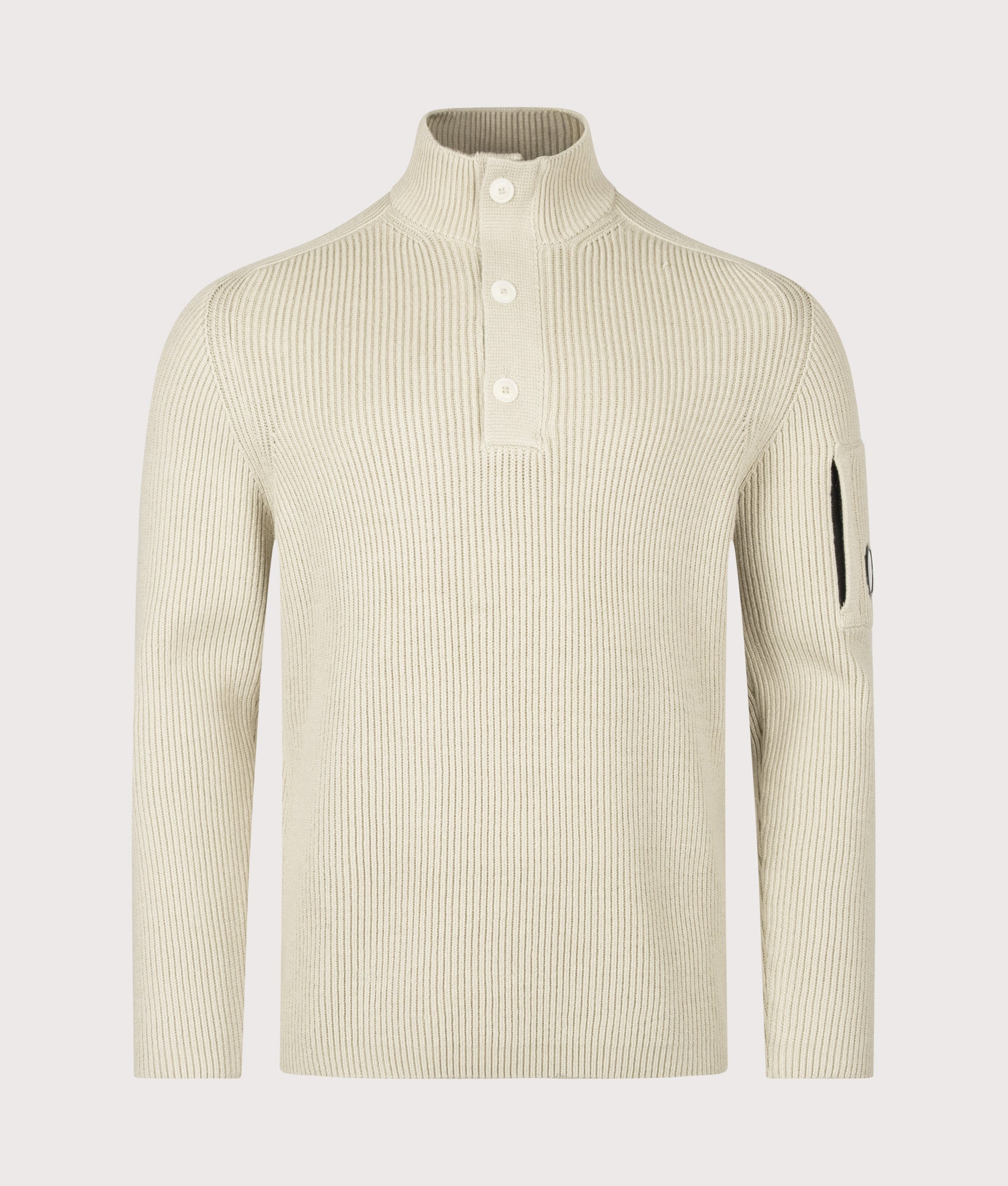 C.P. Company Full Rib Cotton Half Button Lens Jumper in Silver Birch at EQVVS Menswear. Front shot.