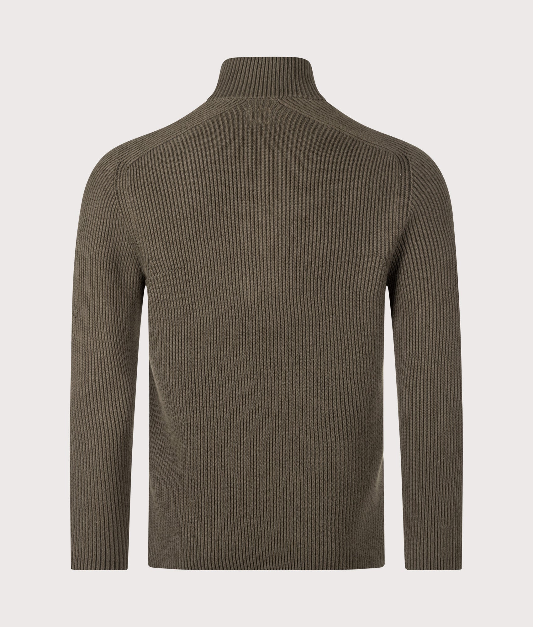 C.P. Company Full Rib Cotton Half Button Lens Jumper in Ivy Green at EQVVS Menswear. Back shot.
