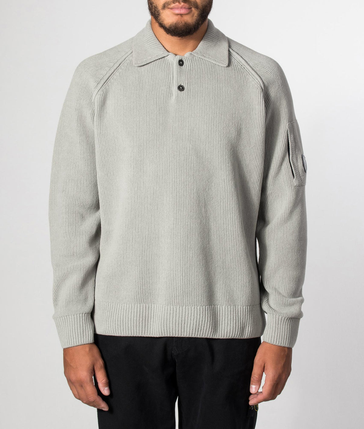 C.P. Company Chenille Cotton Polo Jumper in Flint Grey at EQVVS Menswear. Model front shot.