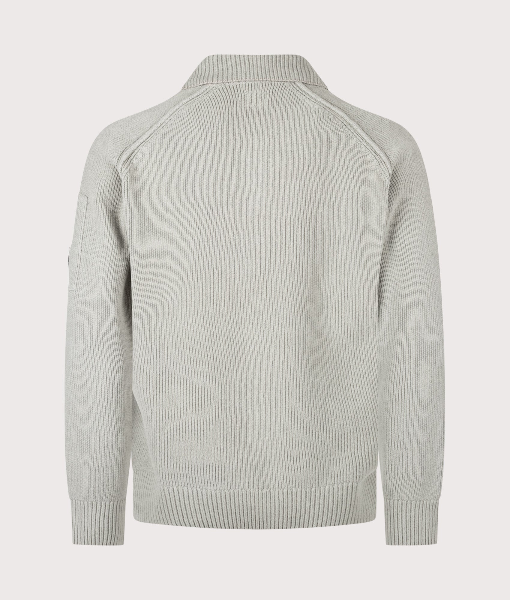 C.P. Company Chenille Cotton Polo Jumper in Flint Grey at EQVVS Menswear. Back shot.