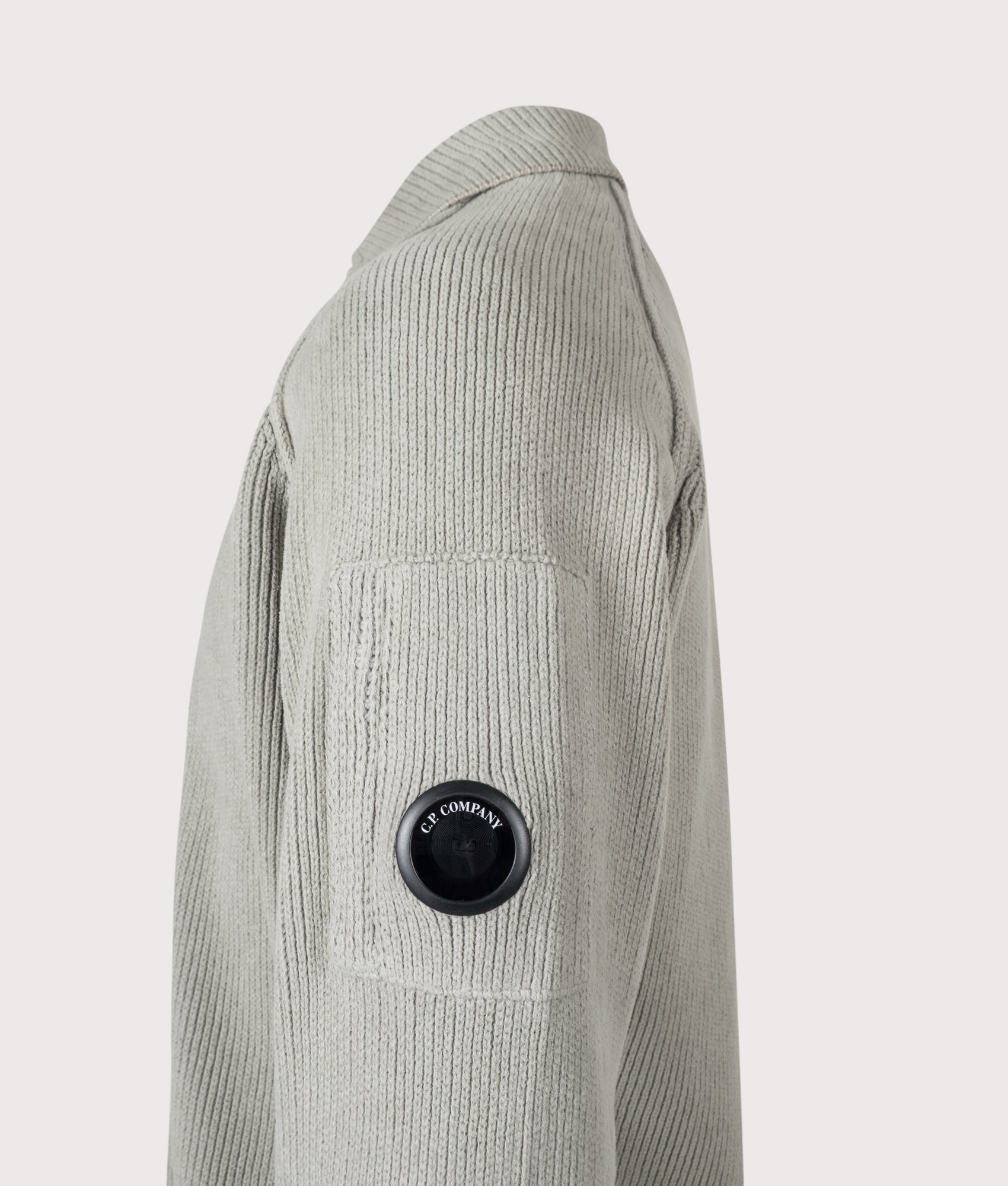 C.P. Company Chenille Cotton Polo Jumper in Flint Grey at EQVVS Menswear. Detail shot.