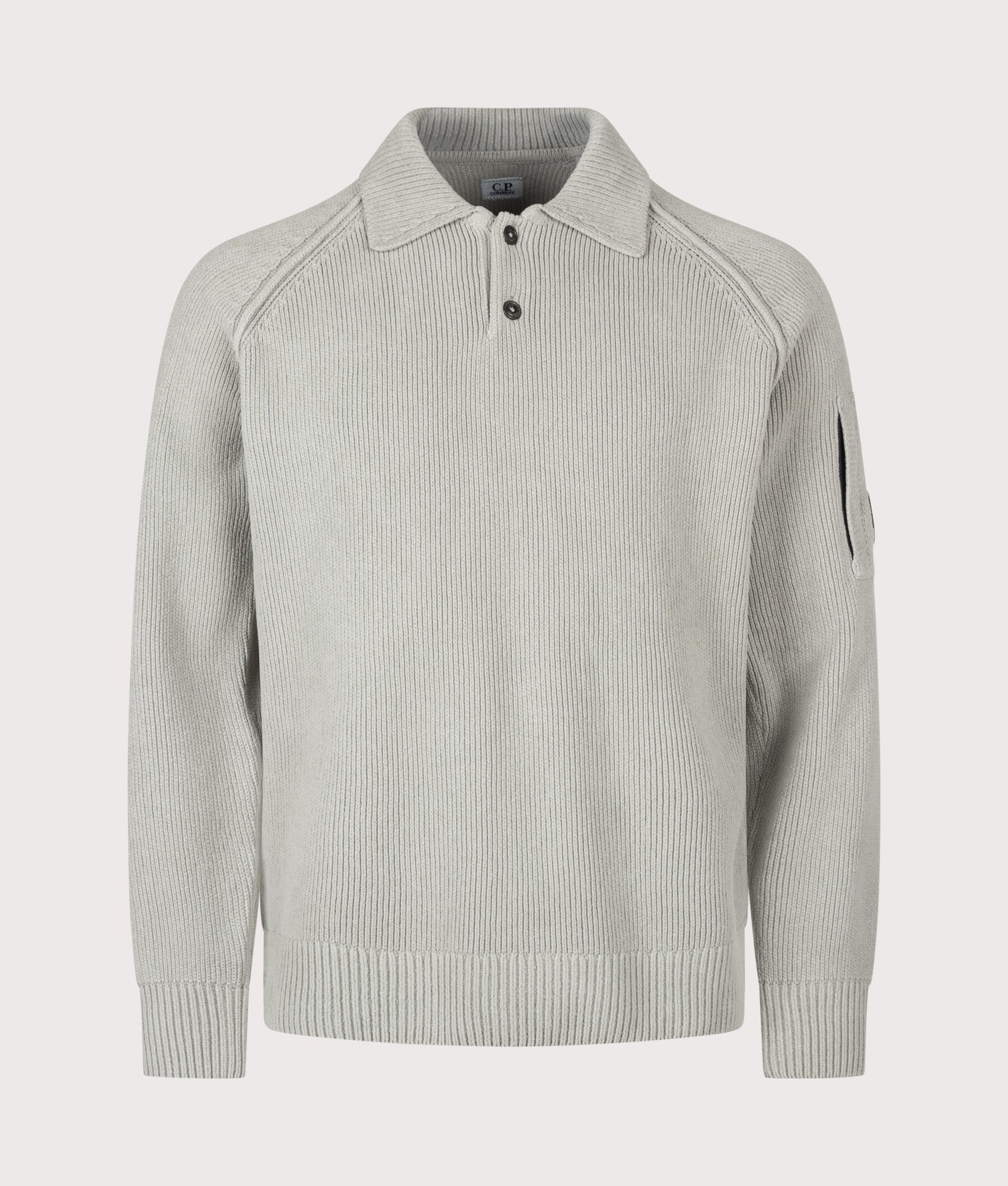 C.P. Company Chenille Cotton Polo Jumper in Flint Grey at EQVVS Menswear. Front shot.