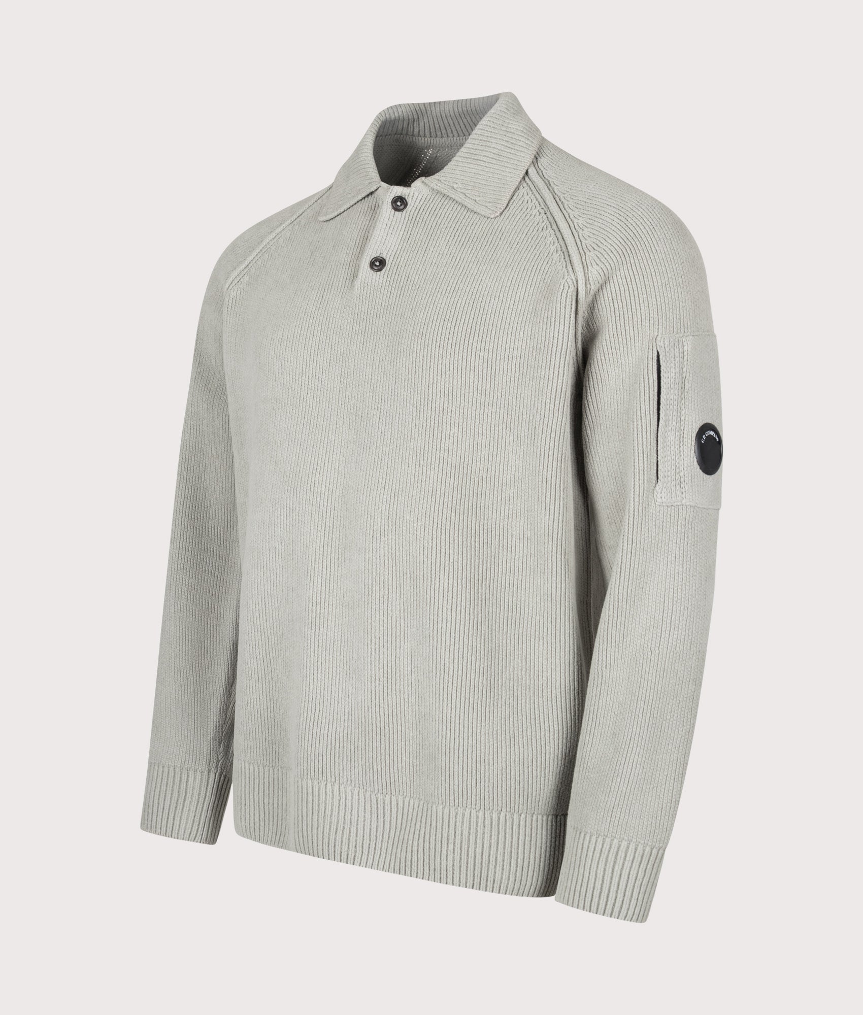 C.P. Company Chenille Cotton Polo Jumper in Flint Grey at EQVVS Menswear. Angled front shot.