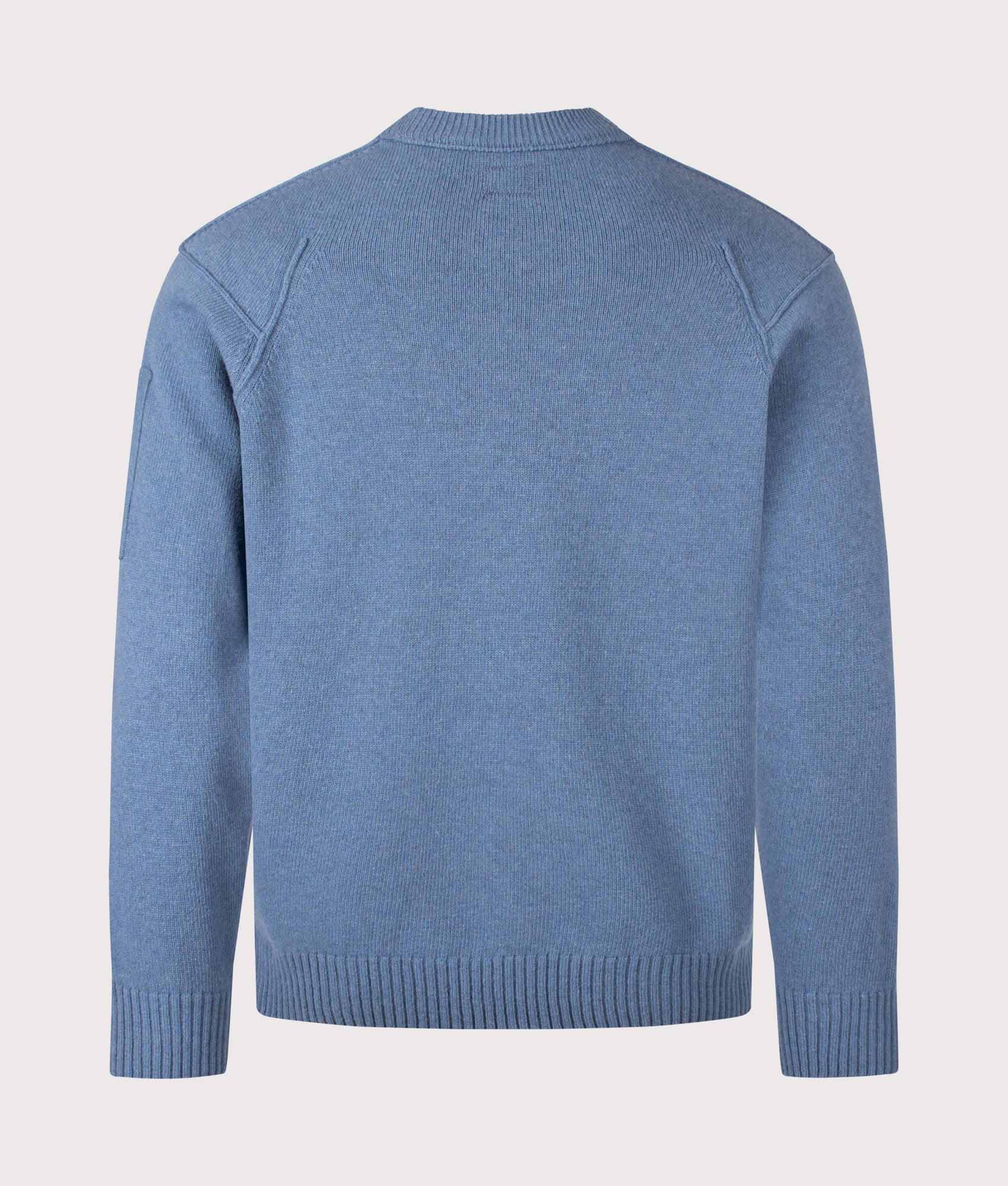 C.P. Company Lambswool GRS Crewneck Lens Jumper in Orion Blue at EQVVS Menswear. Back shot.