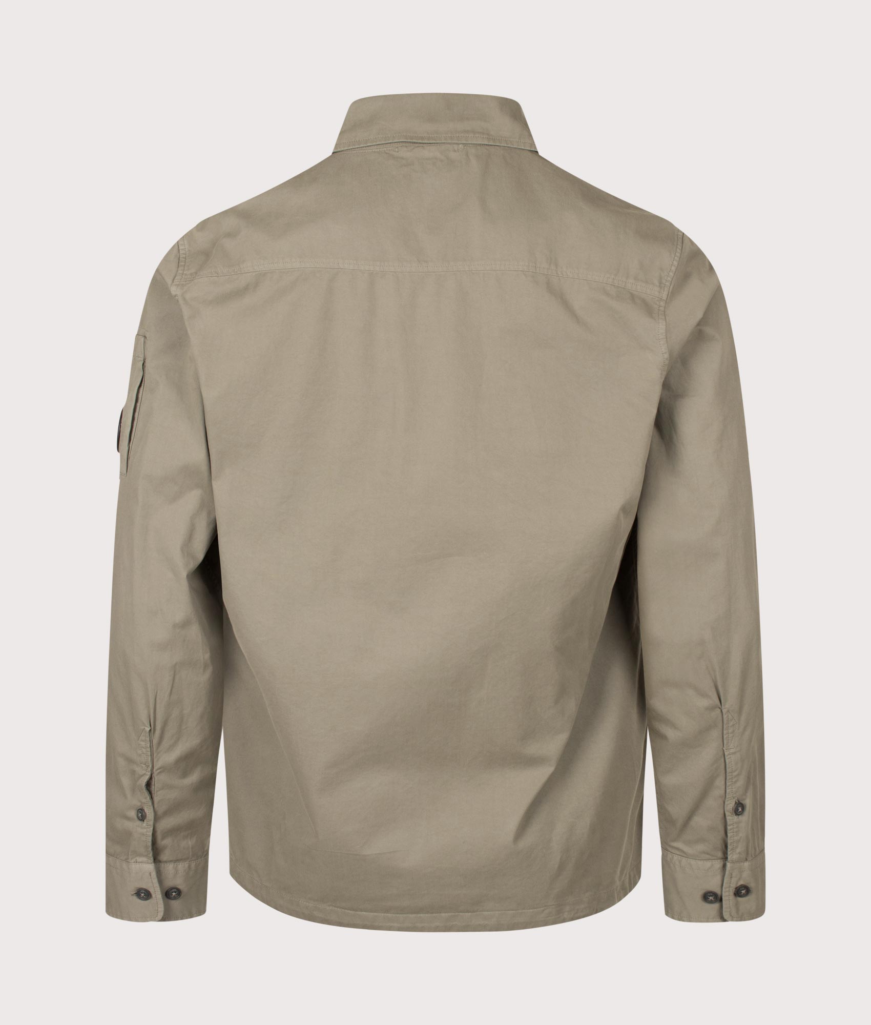 C.P. Company Organic Gabardine Zipped Lens Overshirt in Fallen Rock at EQVVS Menswear. Back shot.