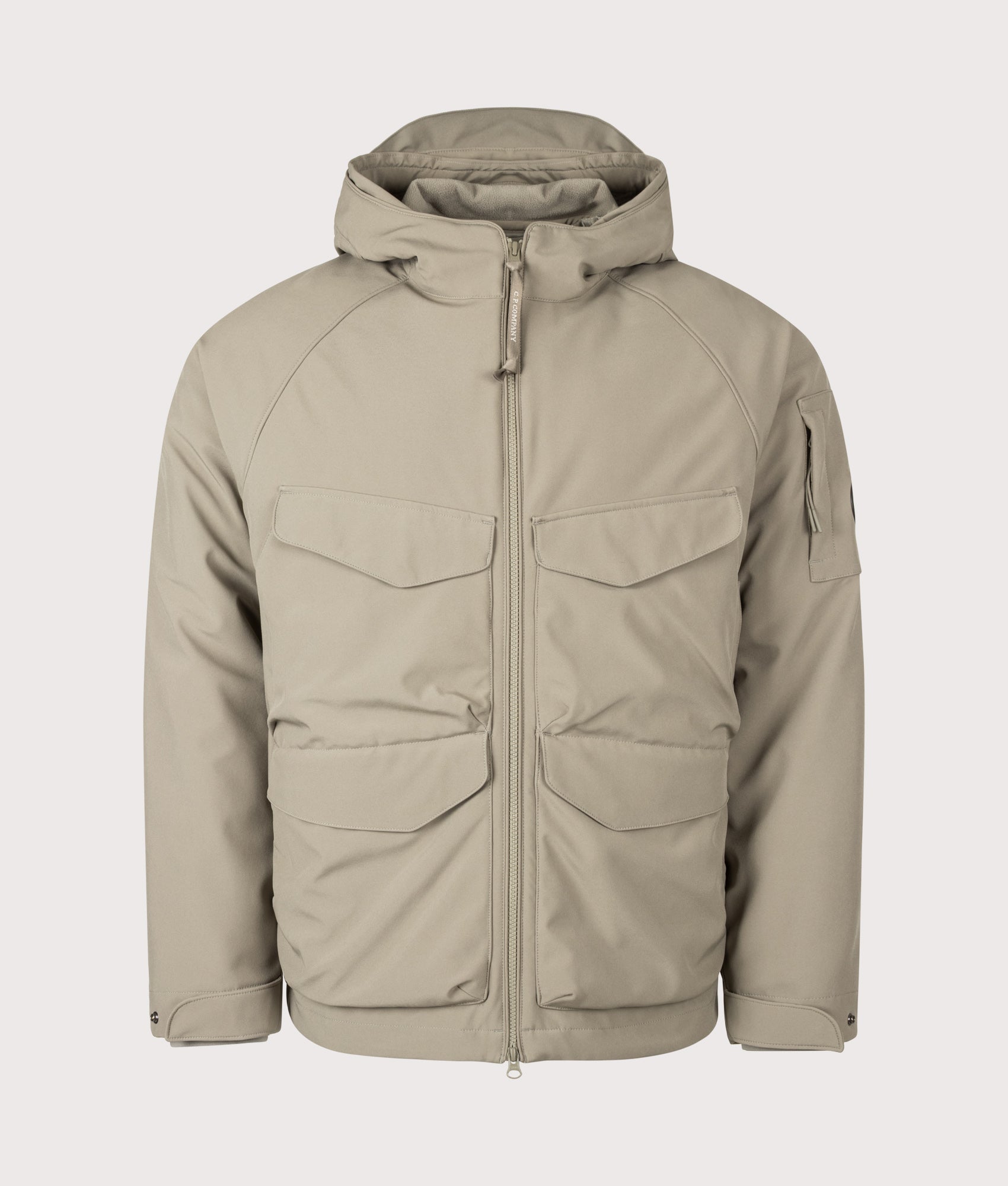 C.P. Company C.P. Shell-R Padded Hooded Lens Jacket in Fallen Rock at EQVVS Menswear. Jacket front shot.
