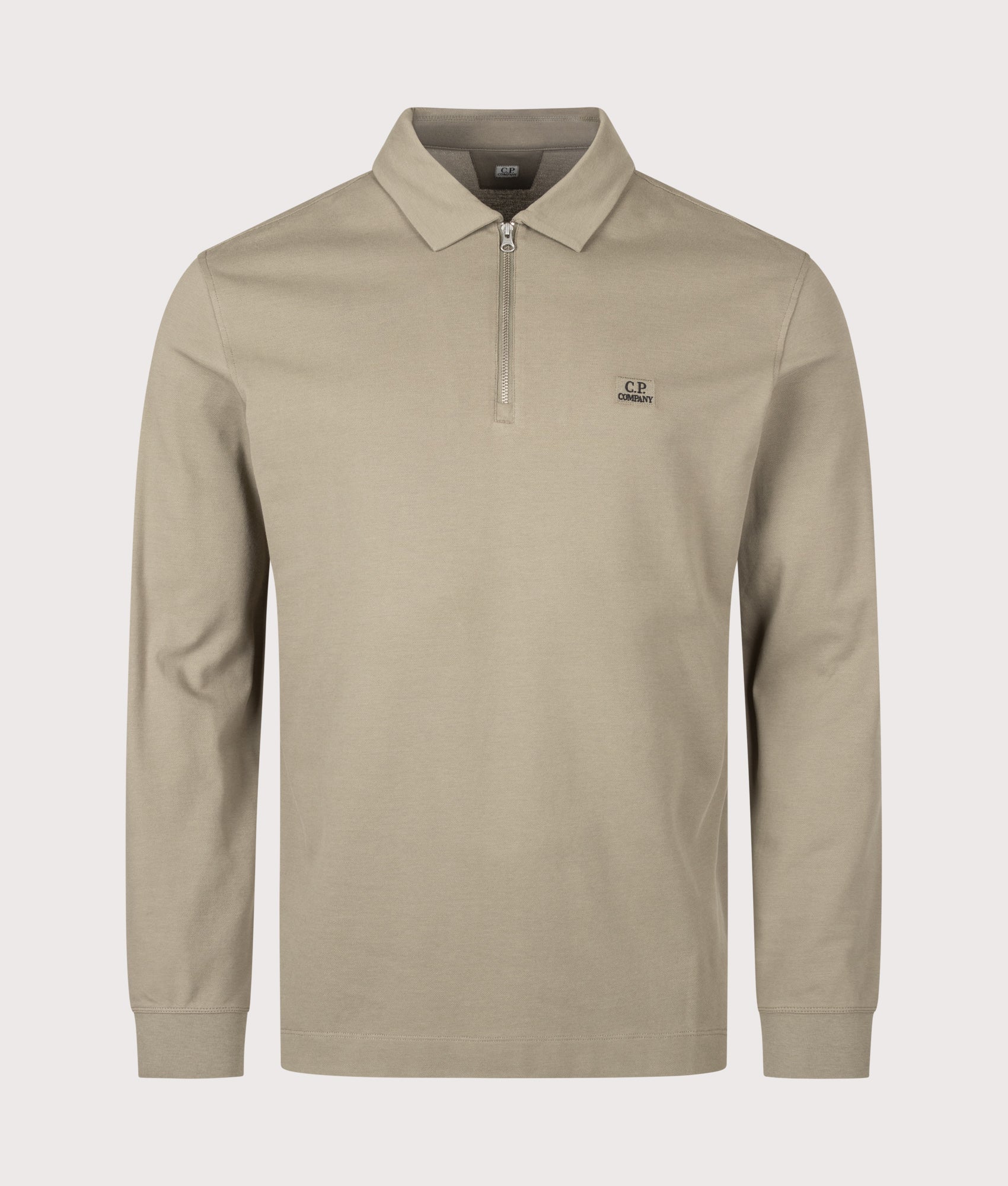 C.P. Company Long Sleeve Stretch Piquet Zip Polo Shirt in Fallen Rock at EQVVS Menswear. Front shot.
