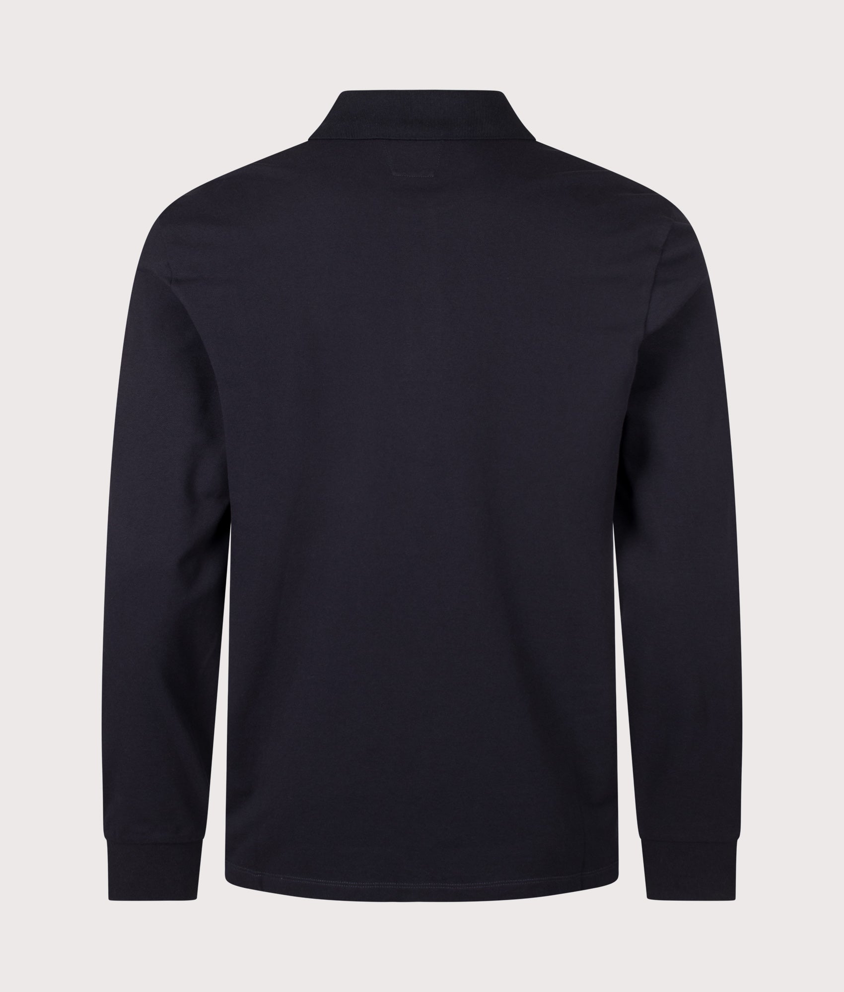 C.P. Company Long Sleeve Stretch Piquet Logo Polo Shirt in Total Eclipse at EQVVS Menswear. Back shot.