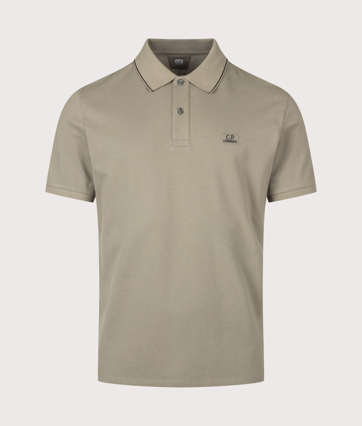 C.P. Company Regular Fit Stretch Piquet Striped Collar Polo Shirt in Fallen Rock at EQVVS Menswear. Front shot.