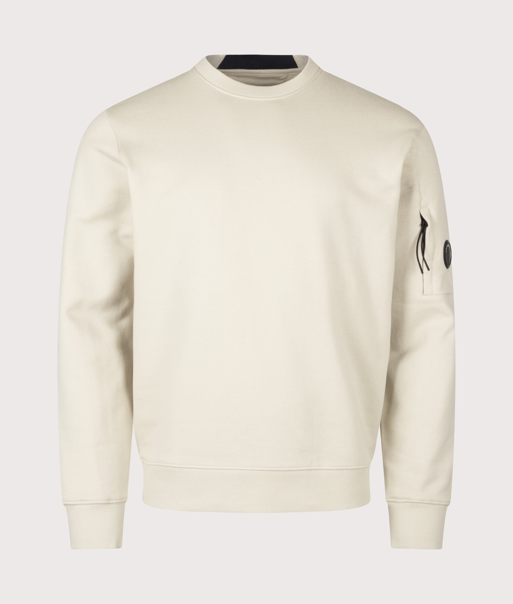 C.P. Company Diagonal Raised Fleece Crewneck Lens Sweatshirt in Silver Birch at EQVVS Menswear. Front shot.