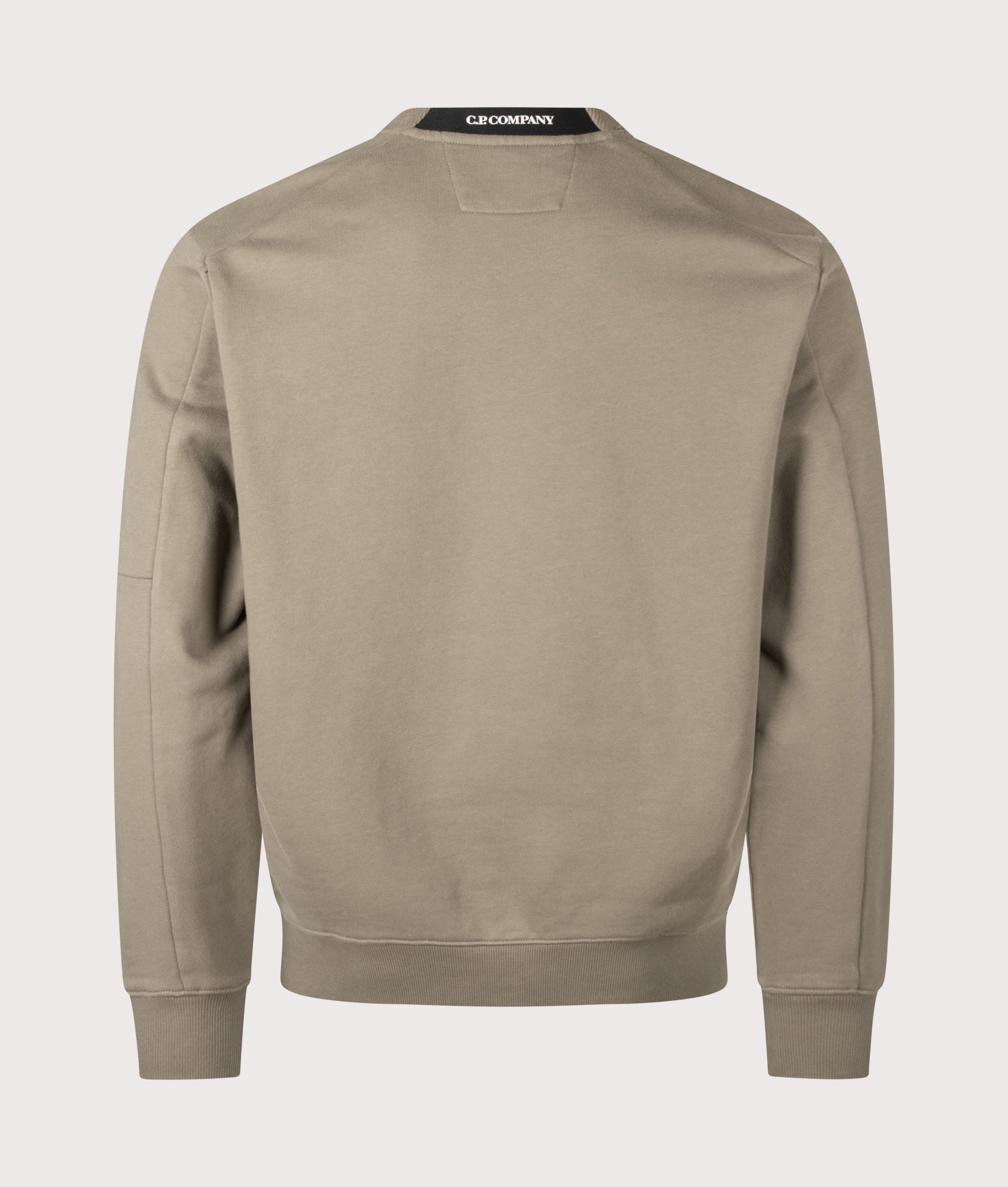 C.P. Company Diagonal Raised Fleece Crewneck Lens Sweatshirt in Fallen Rock at EQVVS Menswear. Back shot.