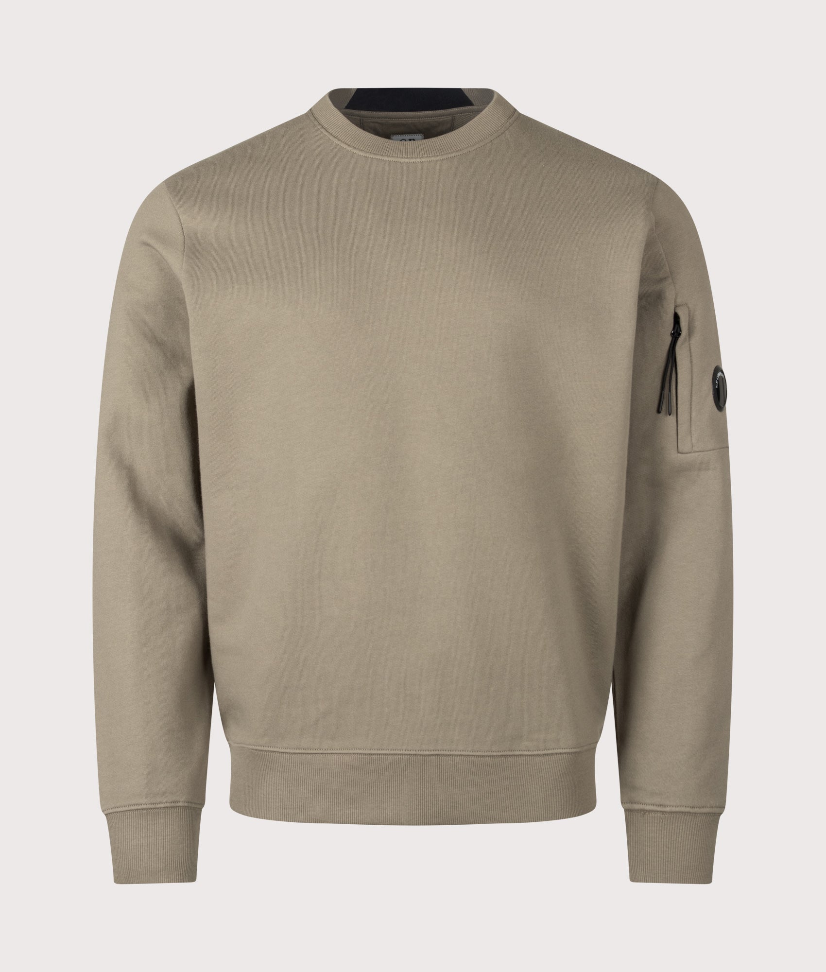 C.P. Company Diagonal Raised Fleece Crewneck Lens Sweatshirt in Fallen Rock at EQVVS Menswear. Front shot.