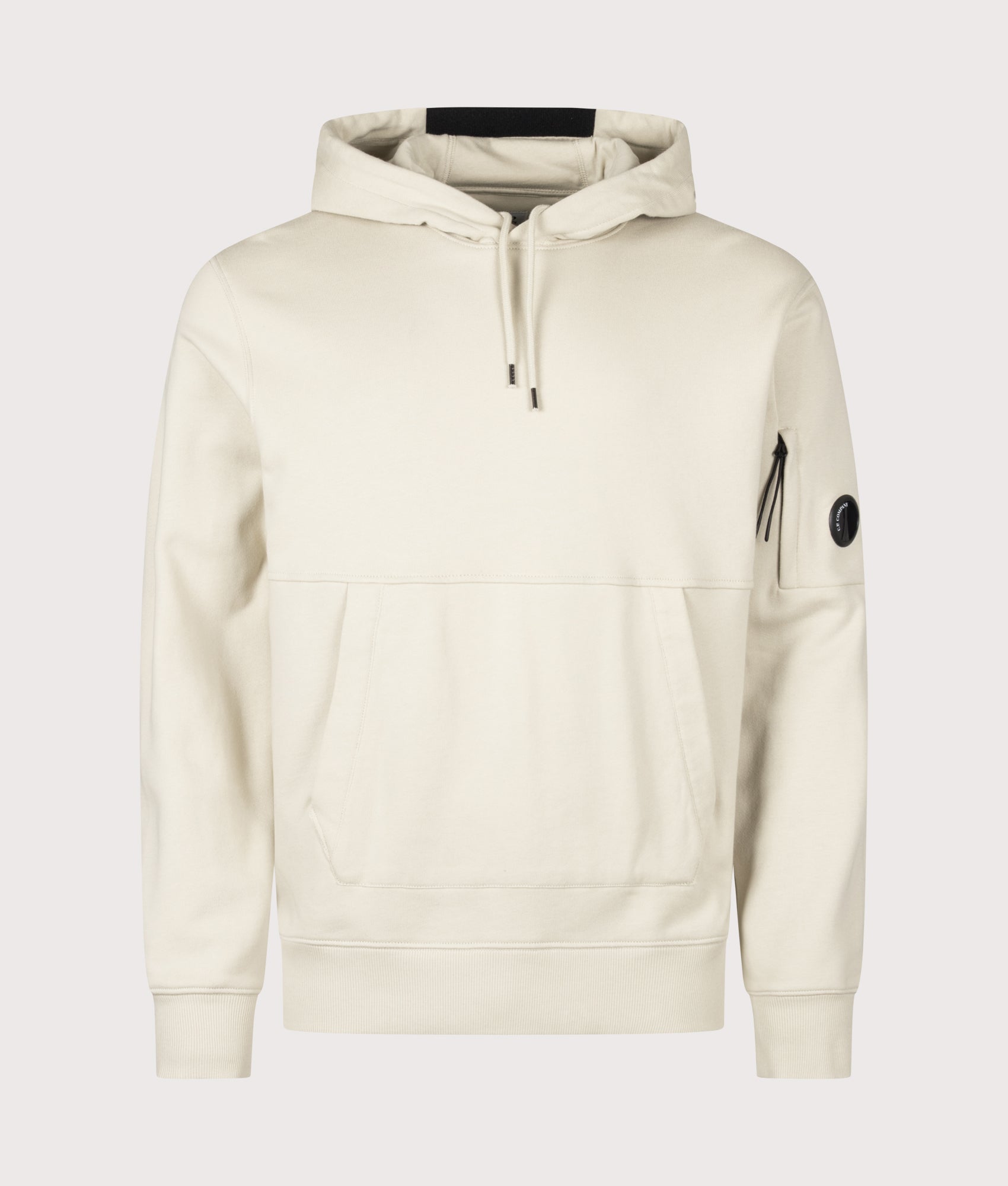 C.P. Company Diagonal Raised Fleece Lens Hoodie in Silver Birch at EQVVS Menswear. Front shot.