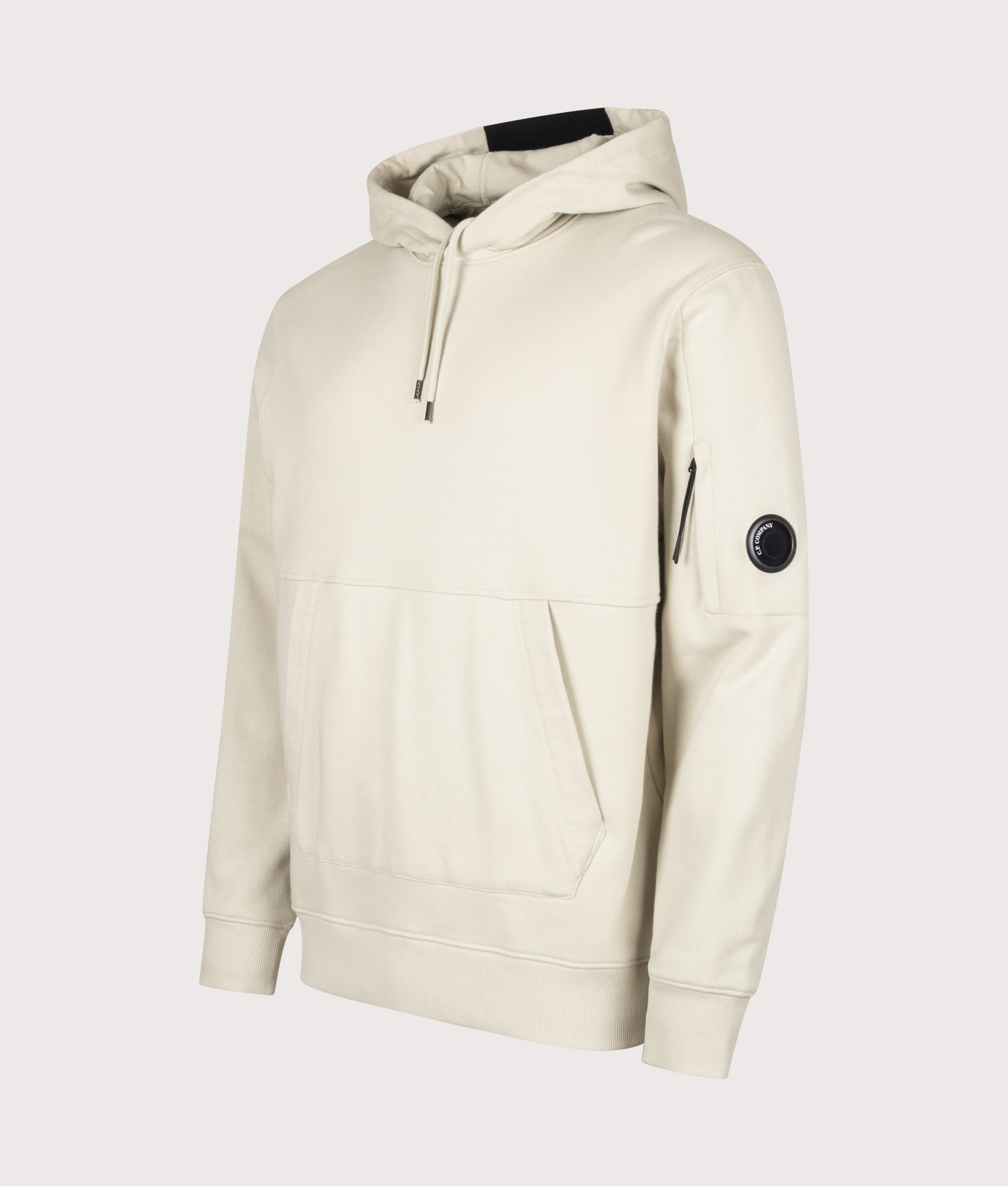C.P. Company Diagonal Raised Fleece Lens Hoodie in Silver Birch at EQVVS Menswear. Angled front shot.