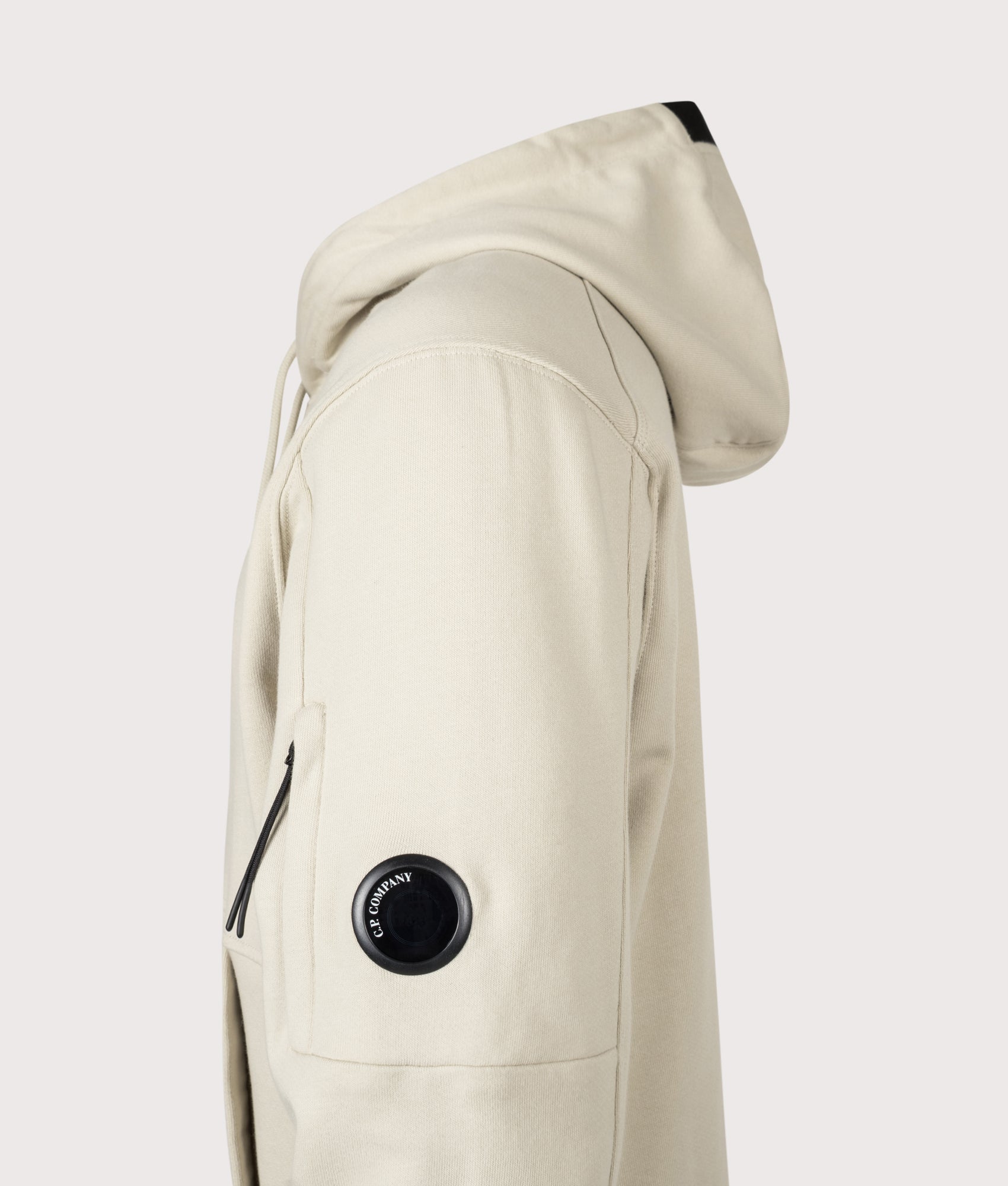 C.P. Company Diagonal Raised Fleece Lens Hoodie in Silver Birch at EQVVS Menswear. Detail shot.