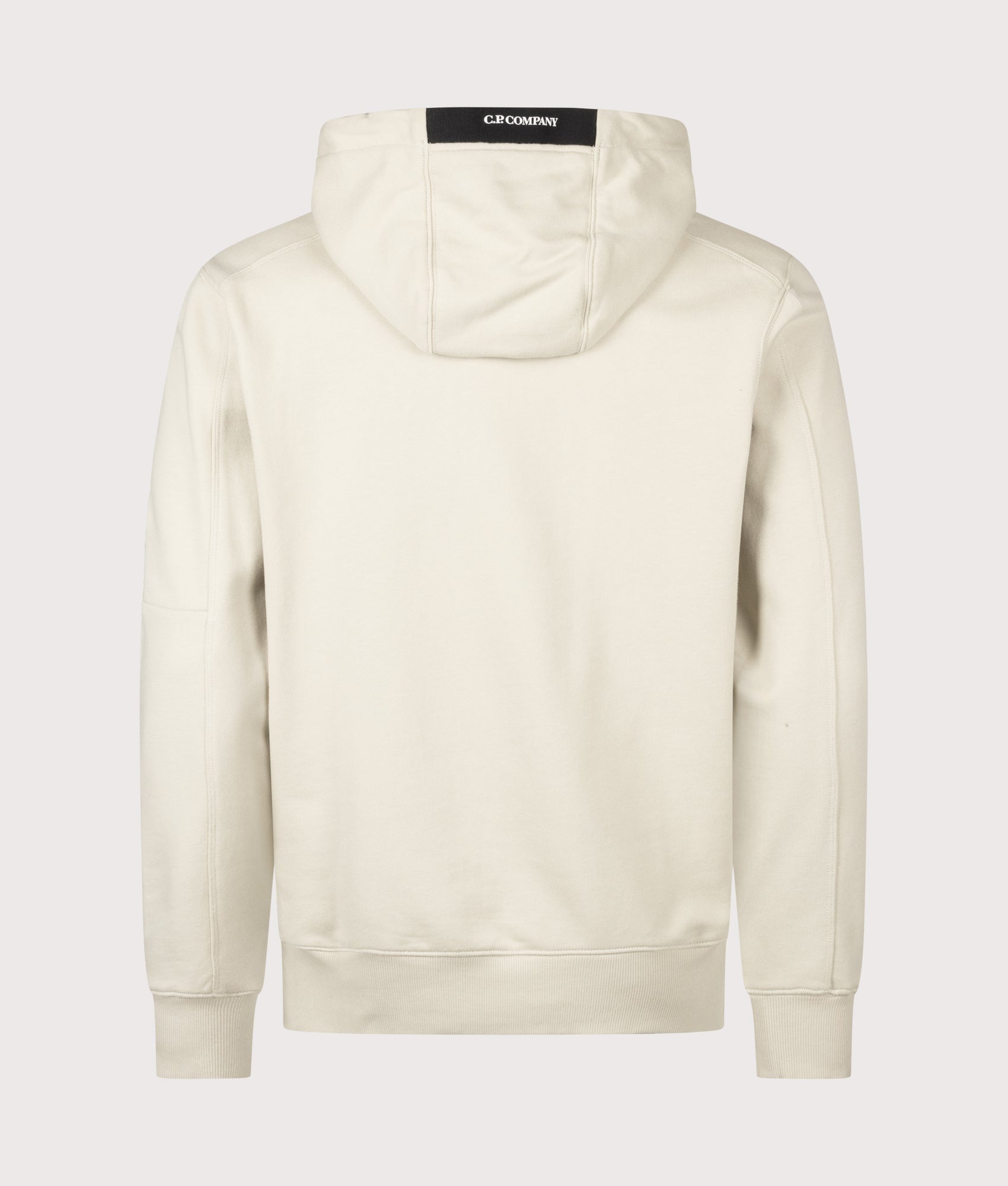 C.P. Company Diagonal Raised Fleece Lens Hoodie in Silver Birch at EQVVS Menswear. Back shot.