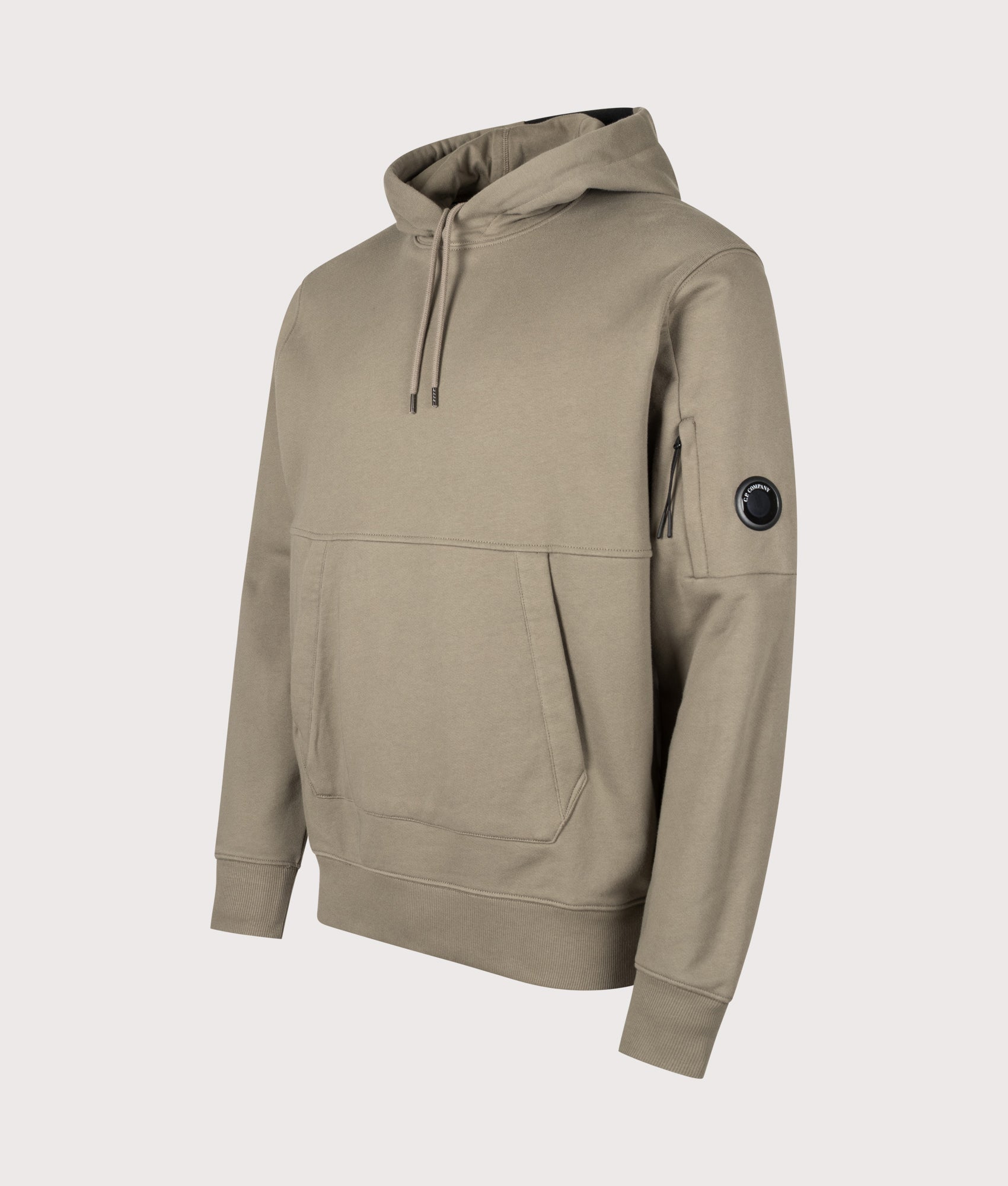 C.P. Company Diagonal Raised Fleece Hoodie in Fallen Rock at EQVVS Menswear. Angled front shot.