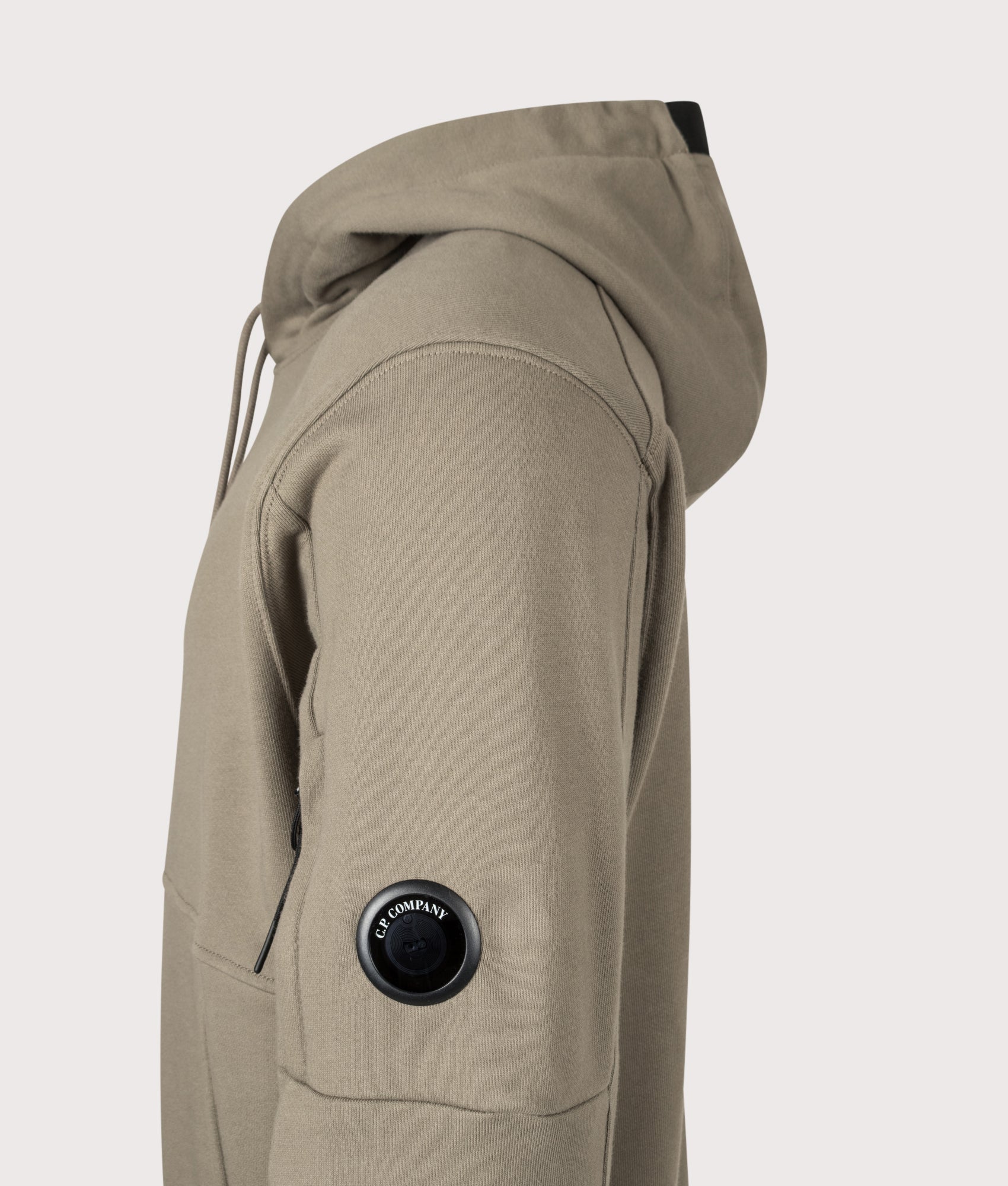 C.P. Company Diagonal Raised Fleece Hoodie in Fallen Rock at EQVVS Menswear. Detail shot.