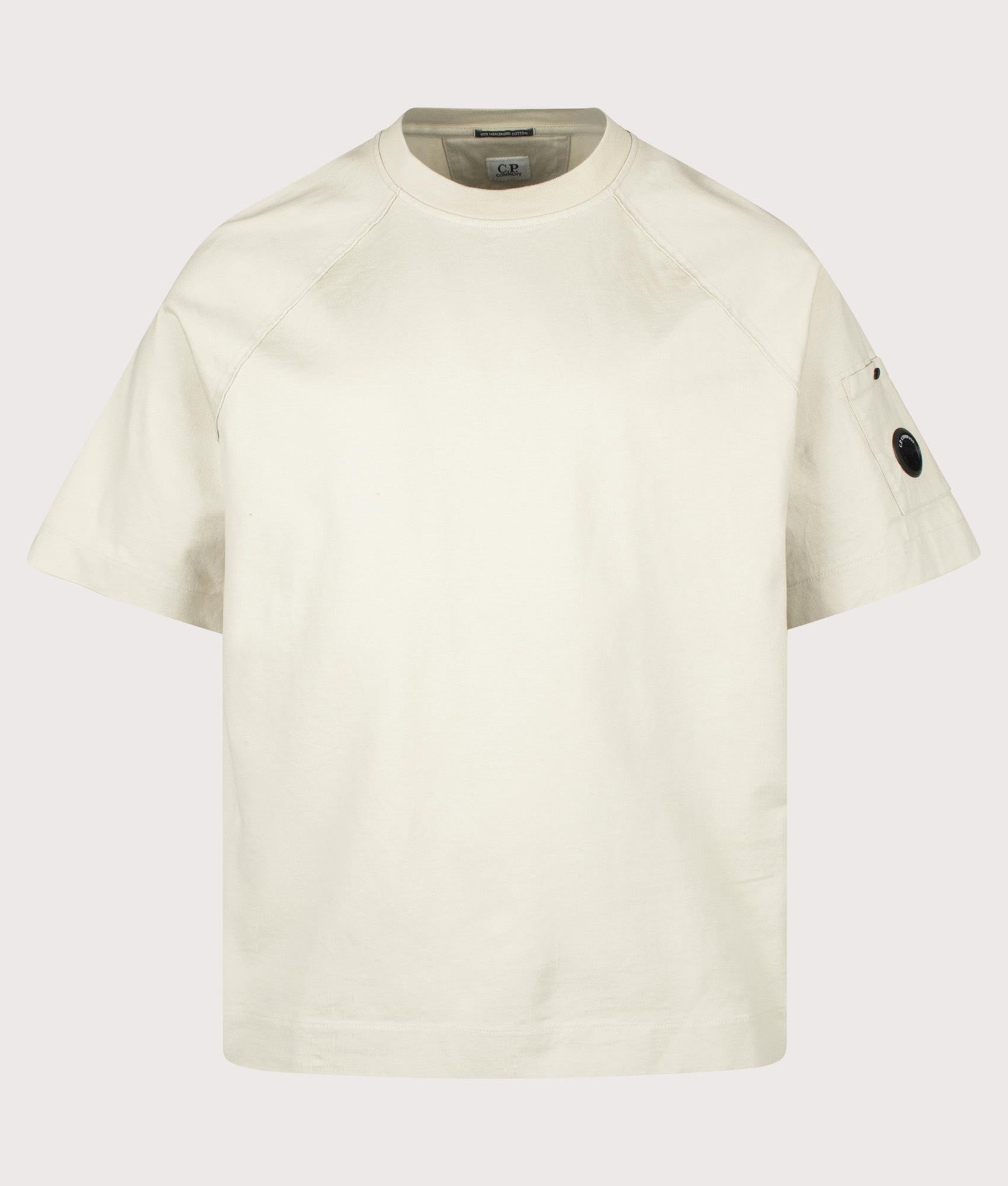 C.P. Company 30/2 Mercerized Jersey Twisted Lens T-Shirt in Silver Birch at EQVVS Menswear. Front shot.