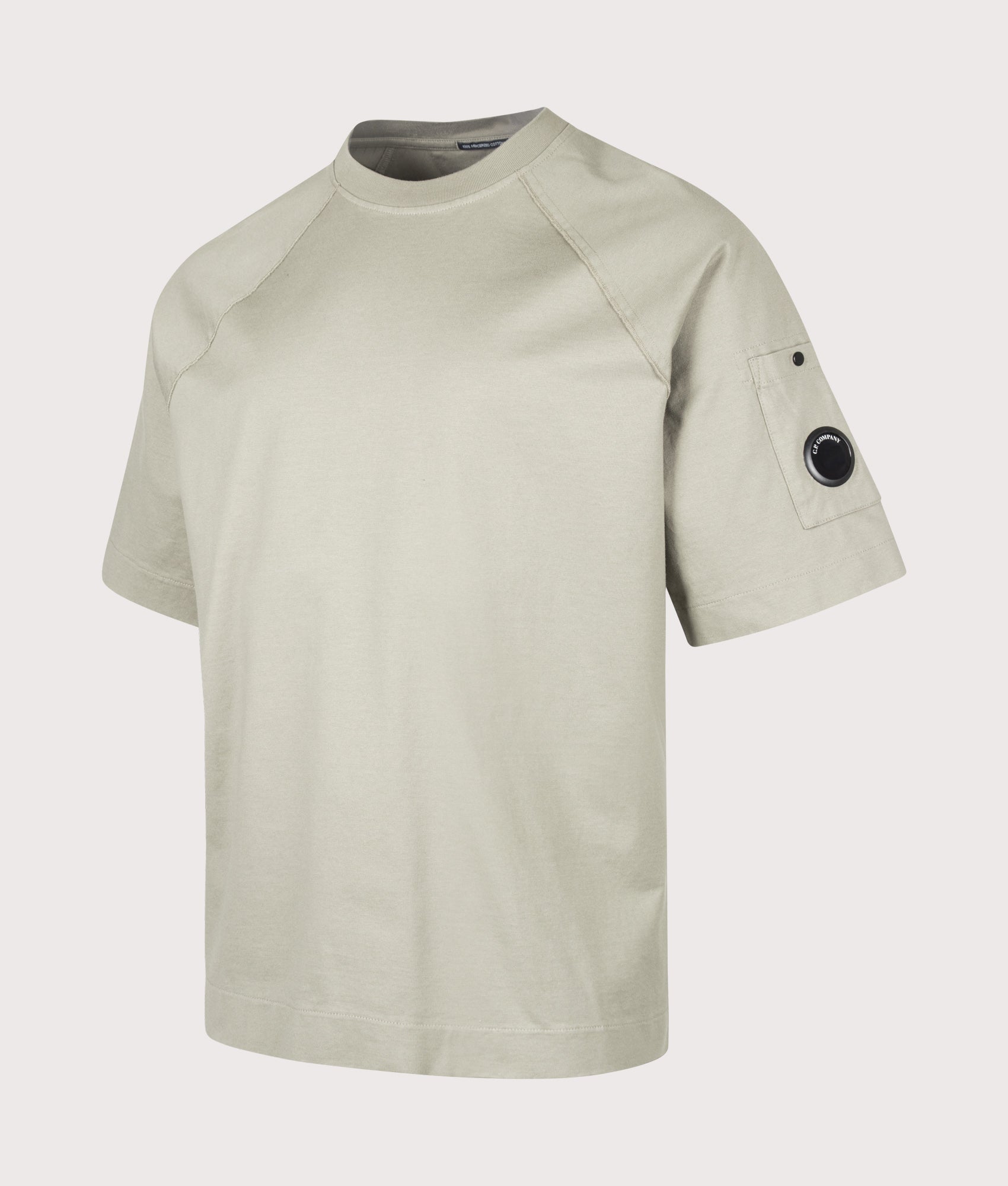 C.P. Company Relaxed Fit 30/2 Mercerized Jersey Twisted Lens T-Shirt in Fallen Rock at EQVVS Menswear. Angled front shot.