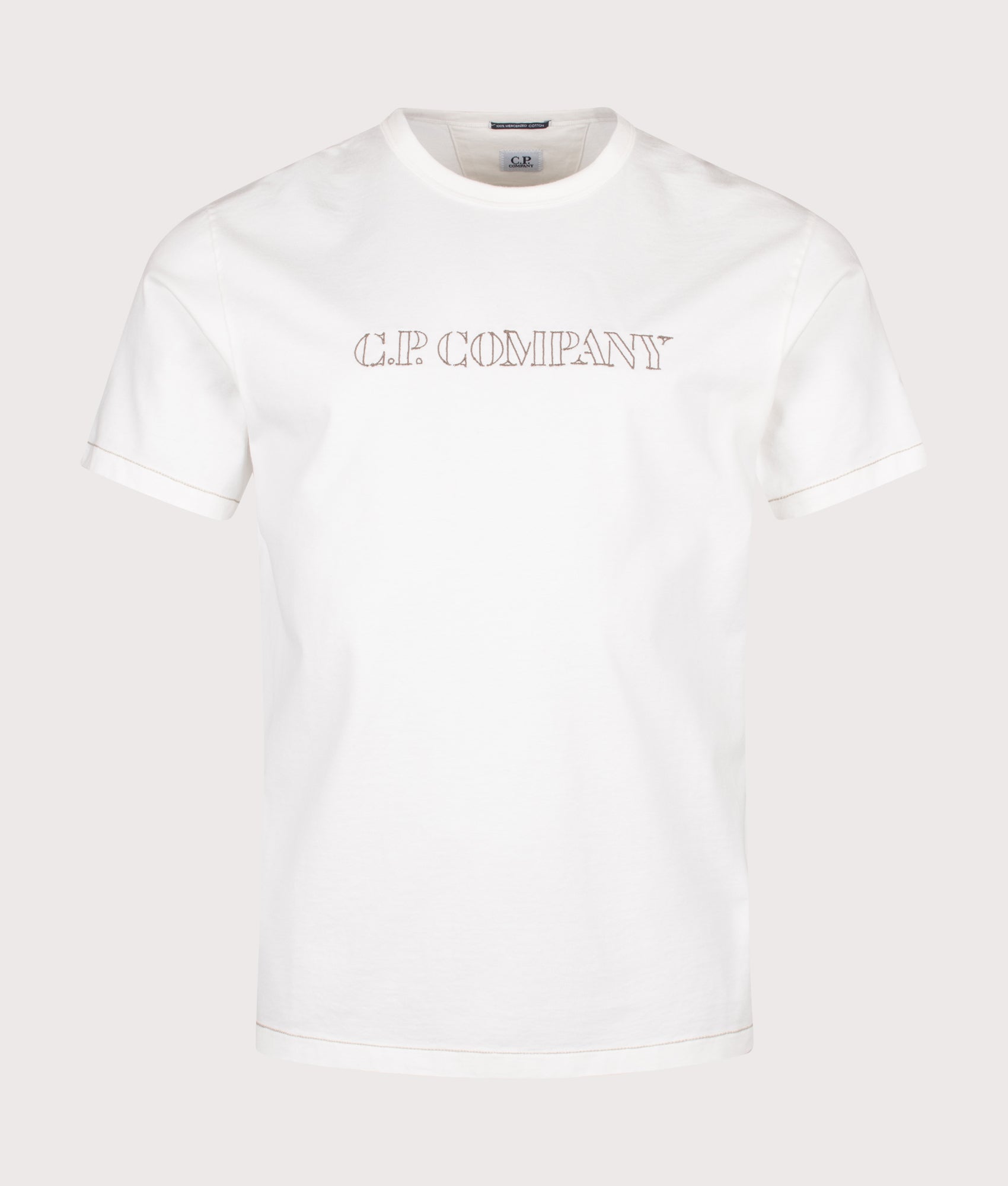 C.P. Company 30/2 Mercerized Jersey Twisted Logo T-Shirt in Gauze White at EQVVS Menswear. Front shot.