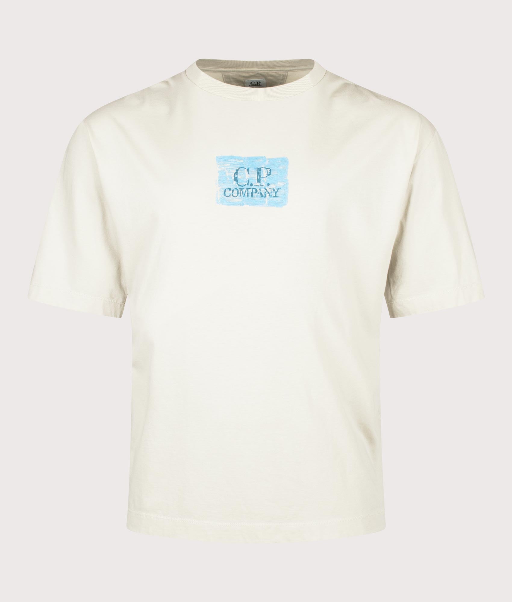 C.P. company 30/1 Jersey Chest-Back Logo T-Shirt in Silver Birch at EQVVS Menswear. Front shot.