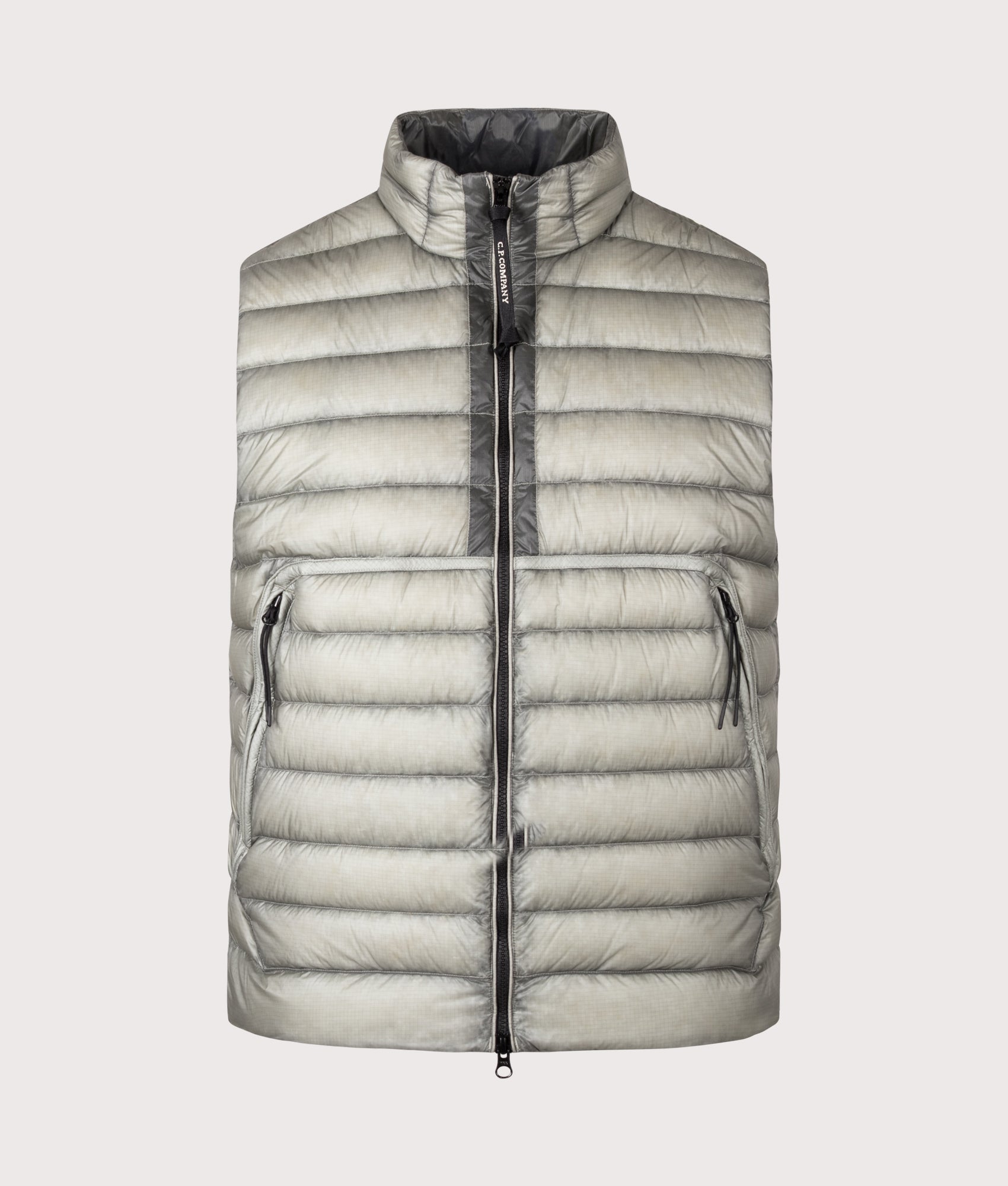 C.P. Company D.D. Shell Down Gilet in Flint Grey at EQVVS Menswear. Front shot.