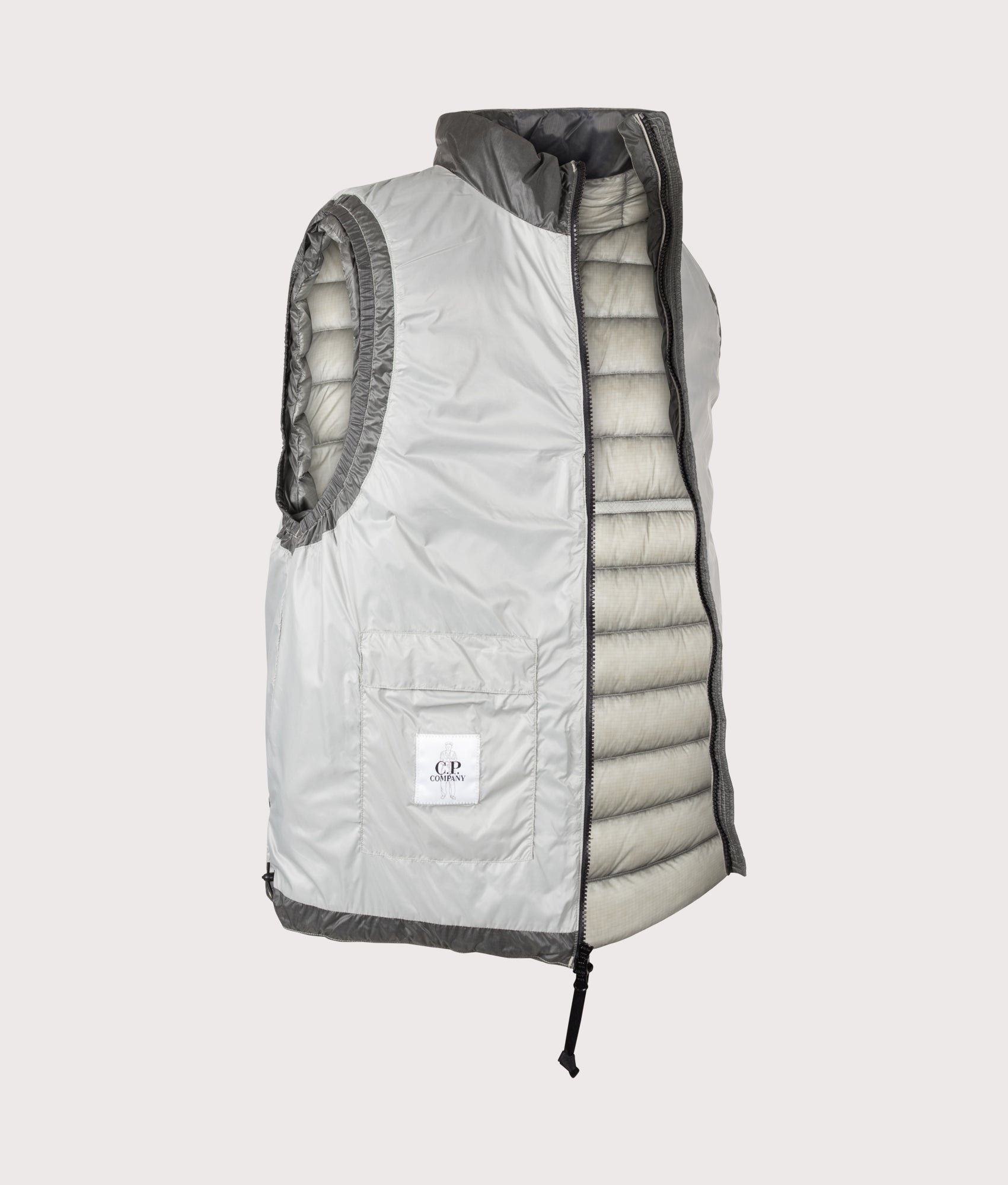C.P. Company D.D. Shell Down Gilet in Flint Grey at EQVVS Menswear. Inside out shot.