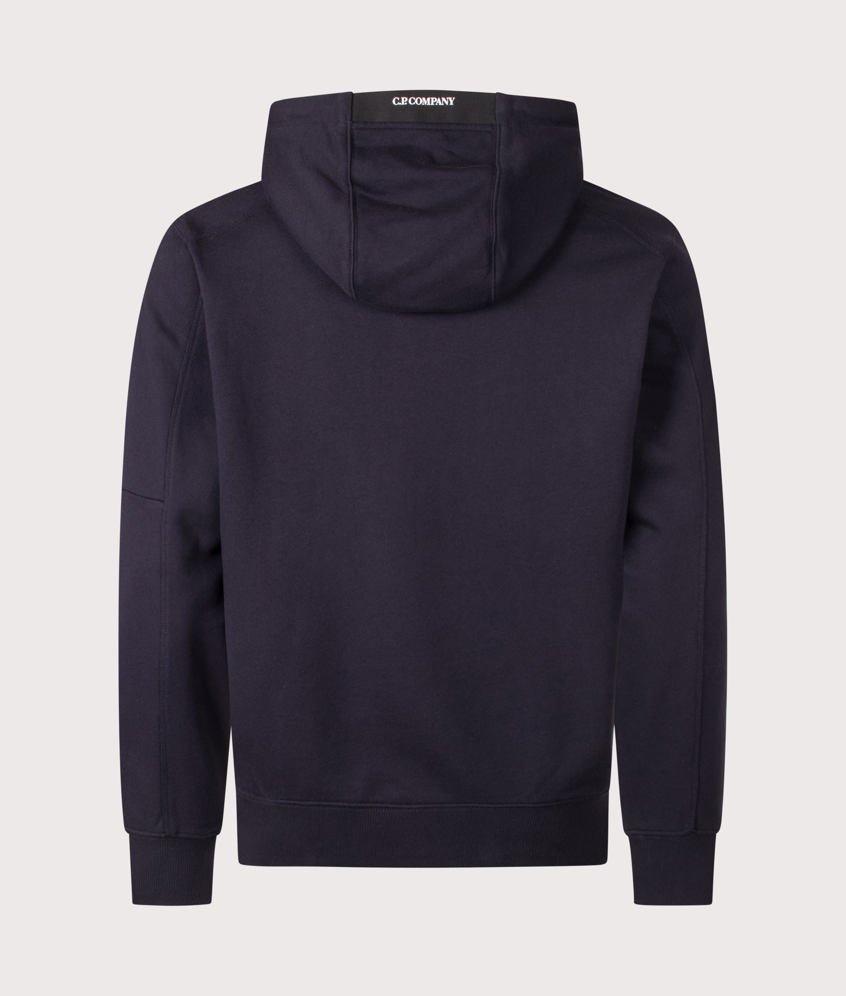 C.P. Company Diagonal Raised Fleece Hoodie in Total Eclipse at EQVVS Menswear. Back shot.